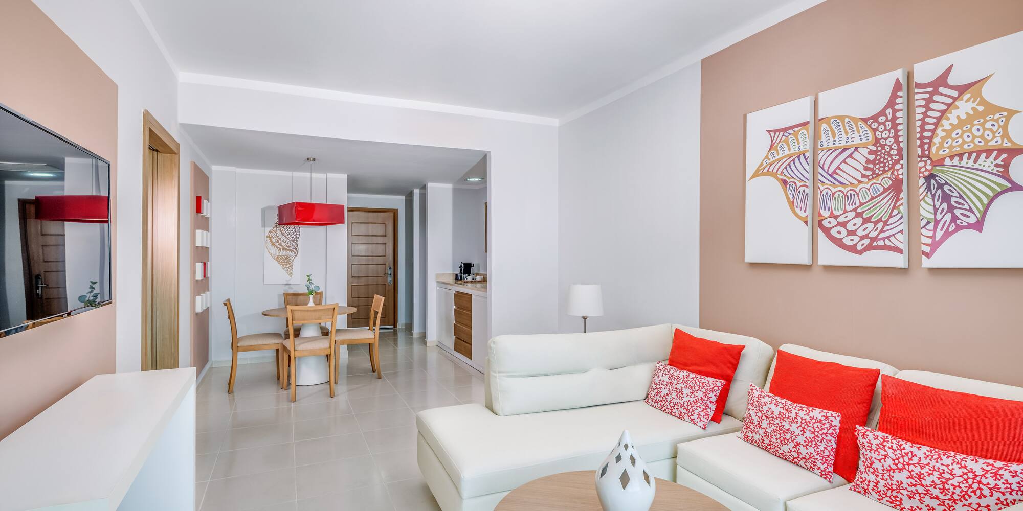 a living room with a couch and table