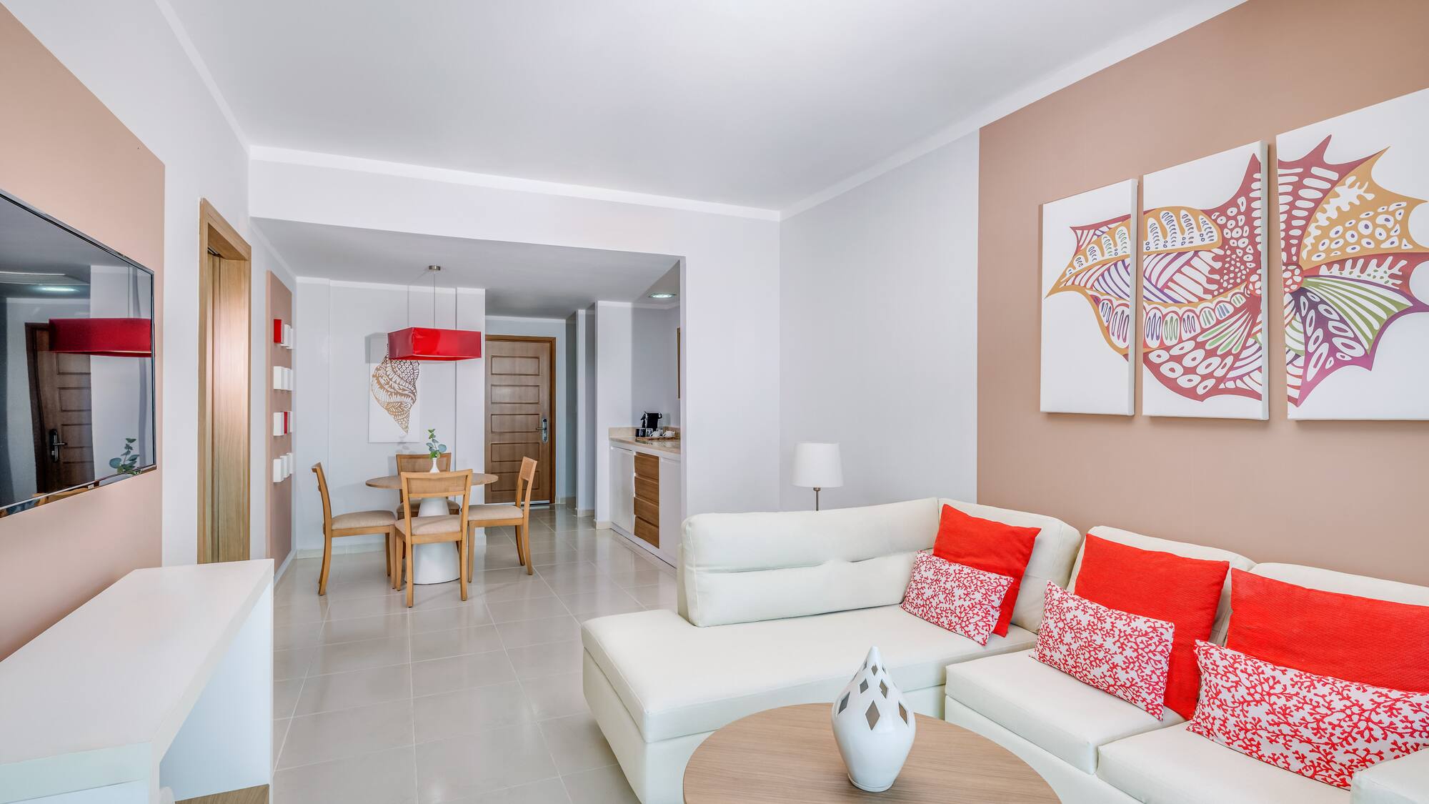 a living room with a couch and table