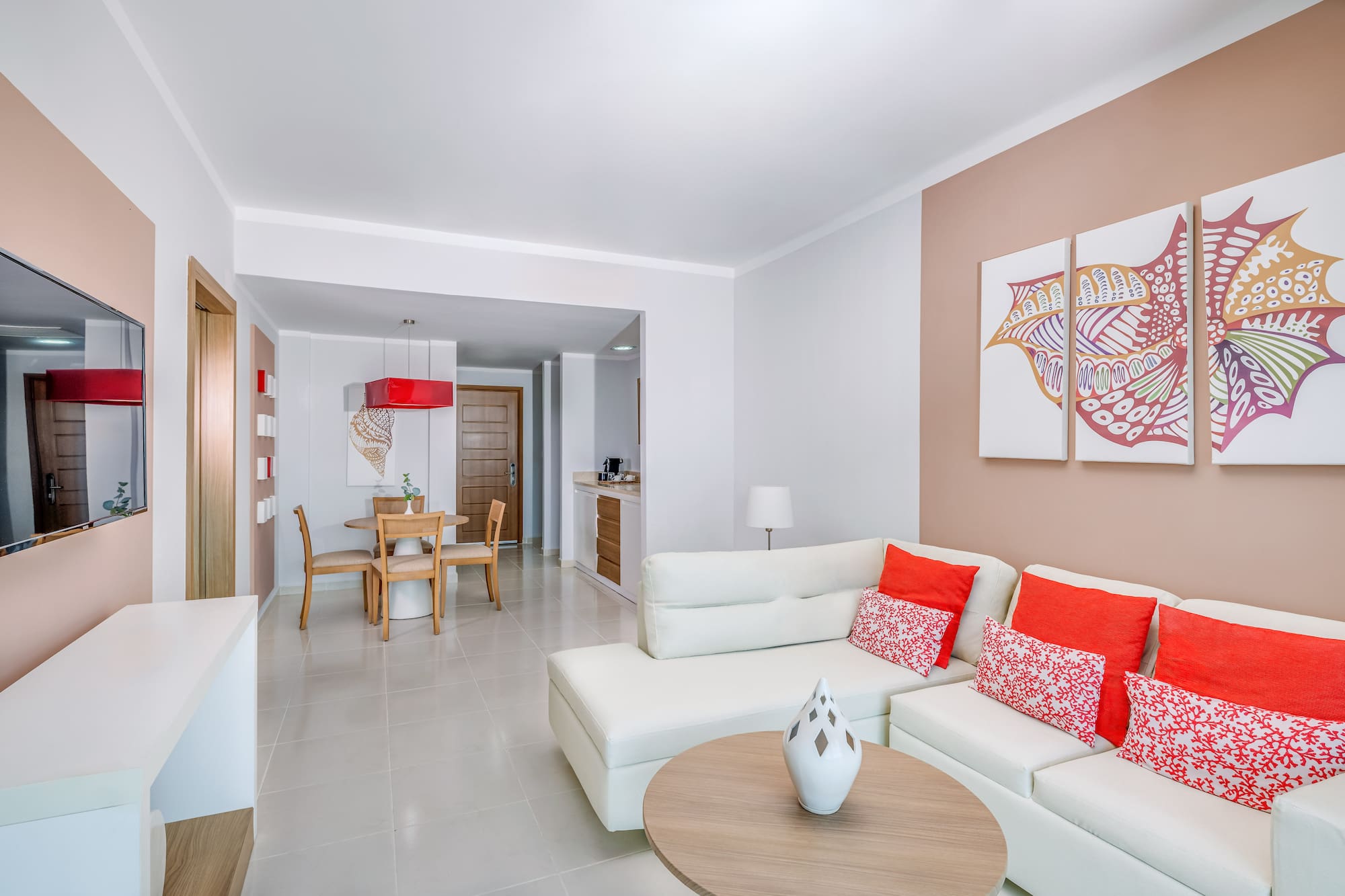 a living room with a couch and table