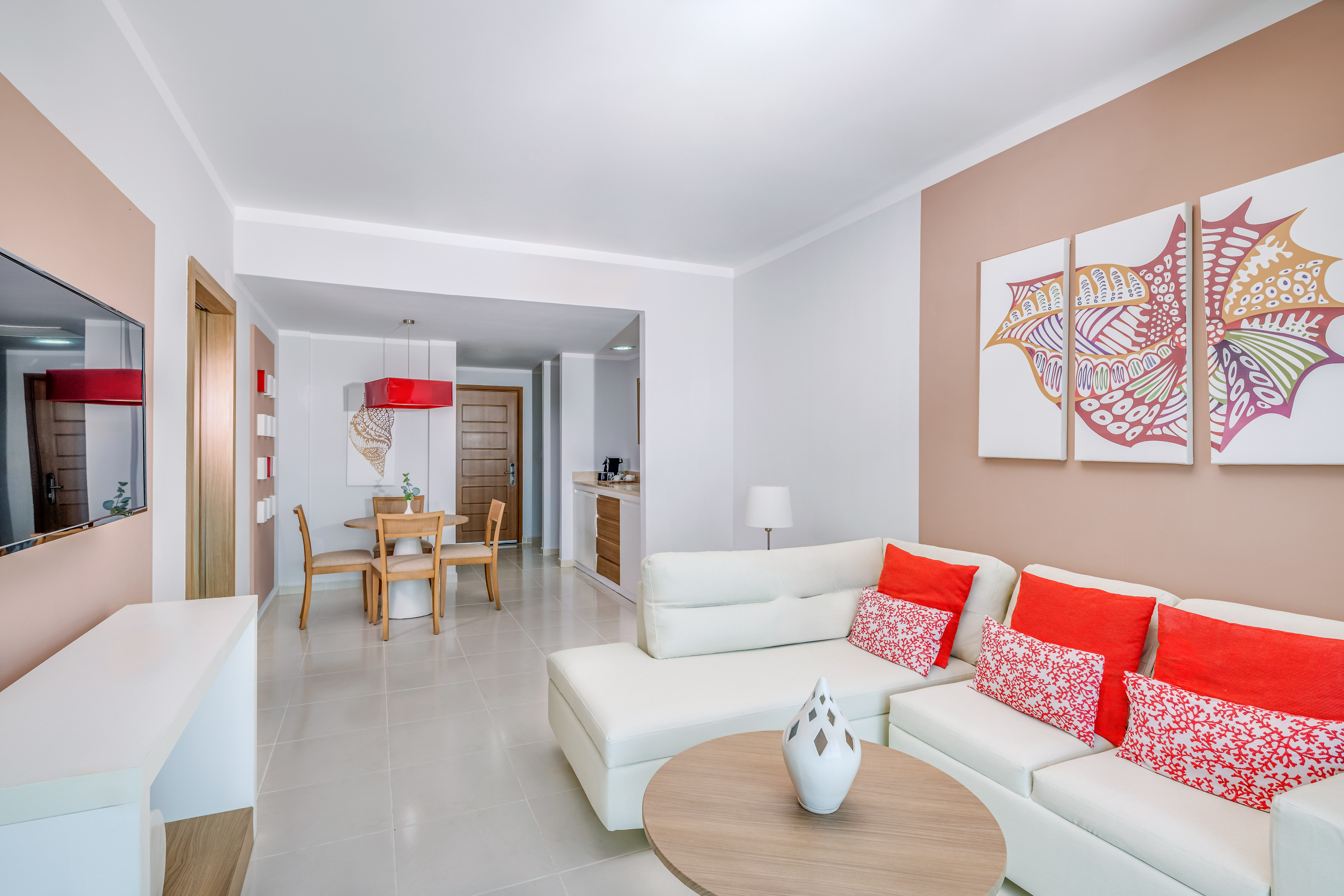 a living room with a couch and table