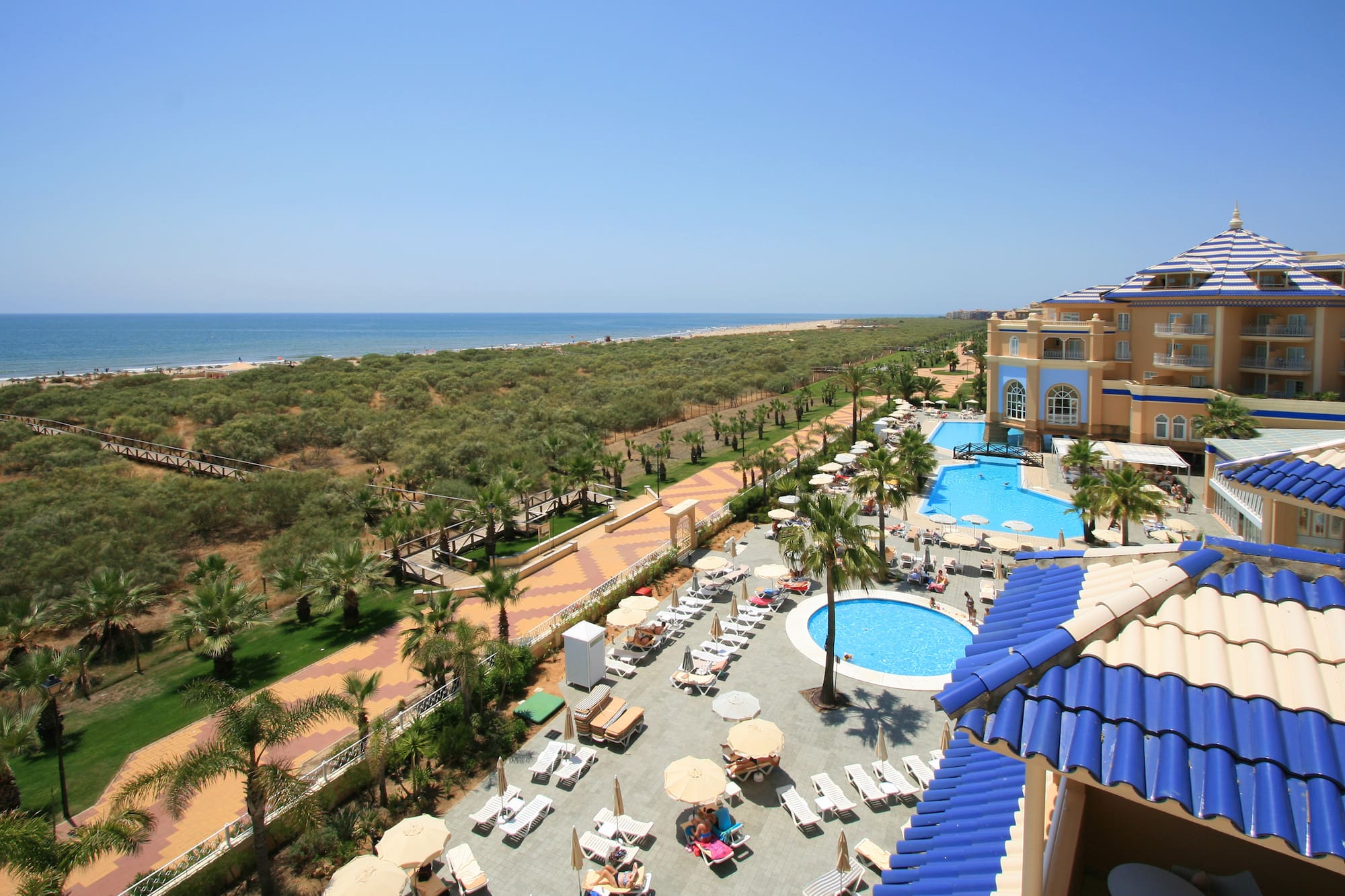 a pool and beach with palm trees