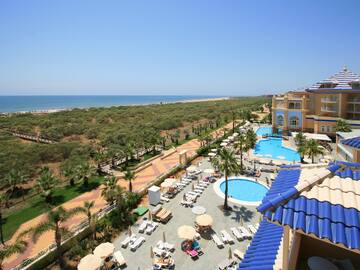 a pool and beach with palm trees