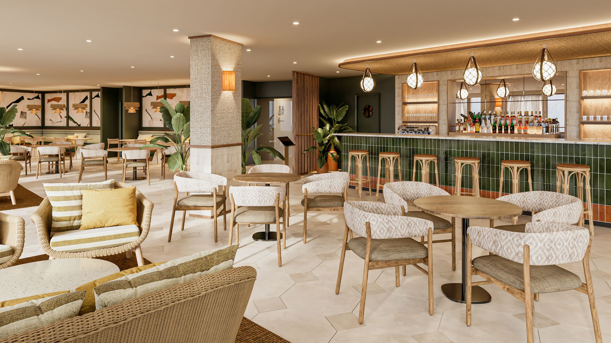 a room with chairs and tables