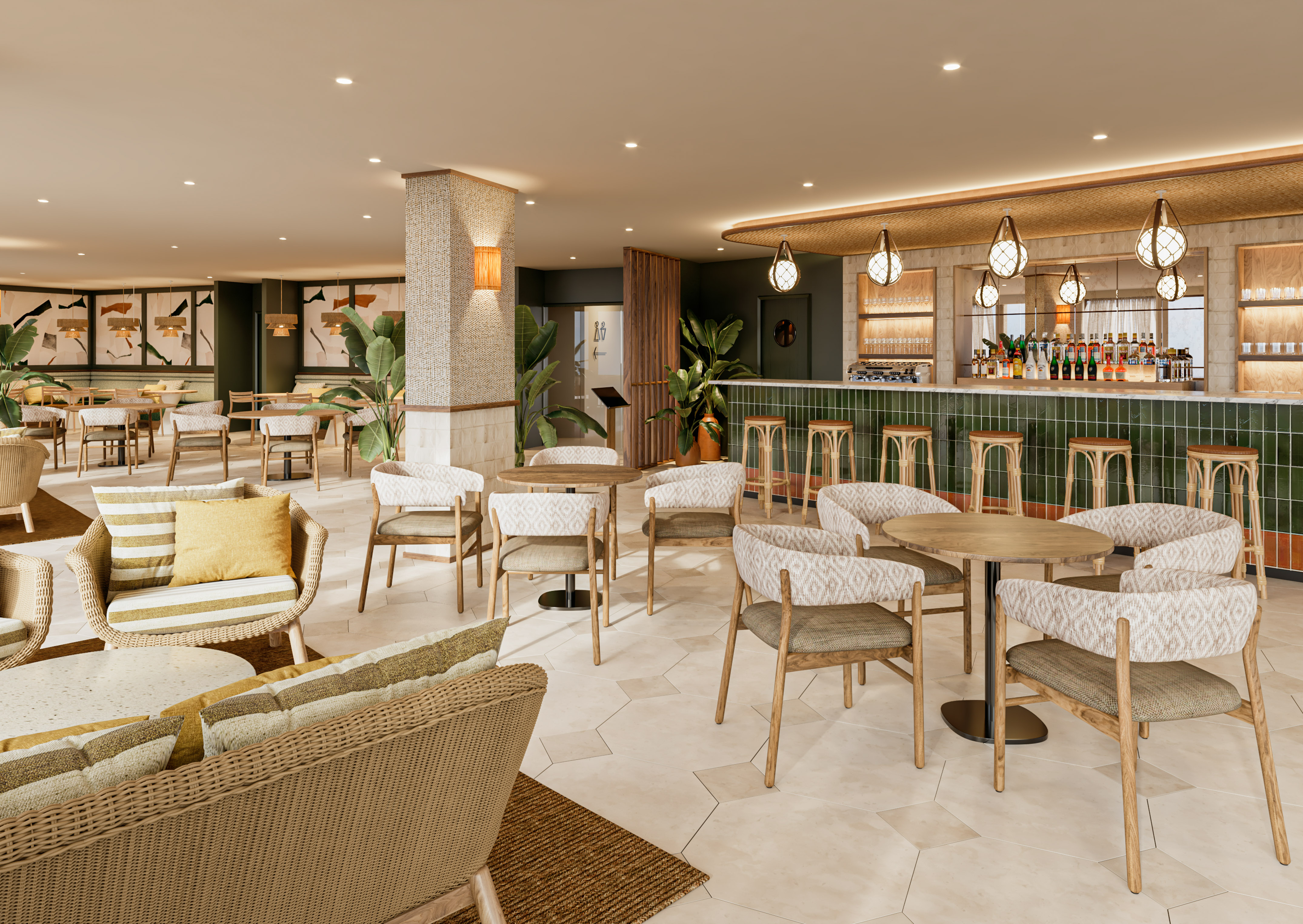 Stylish hotel bar and lounge with green tiles, rattan, and modern decor.