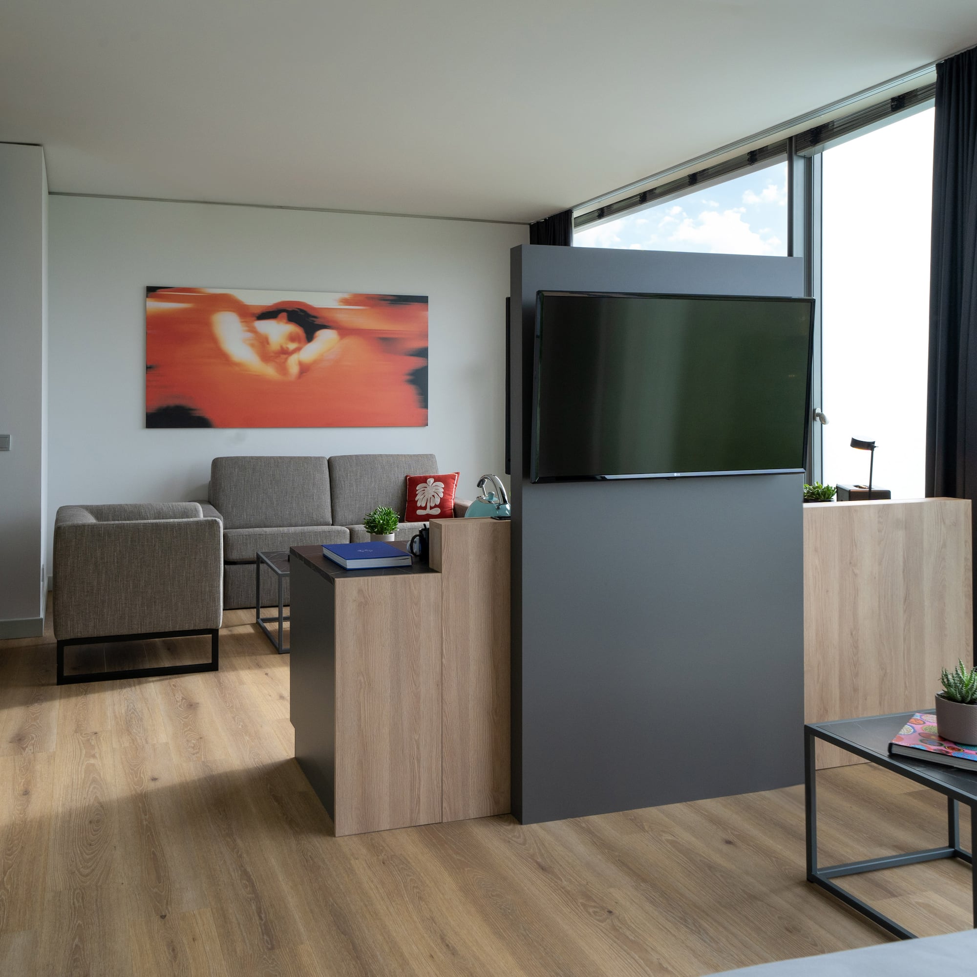 a room with a tv and a couch