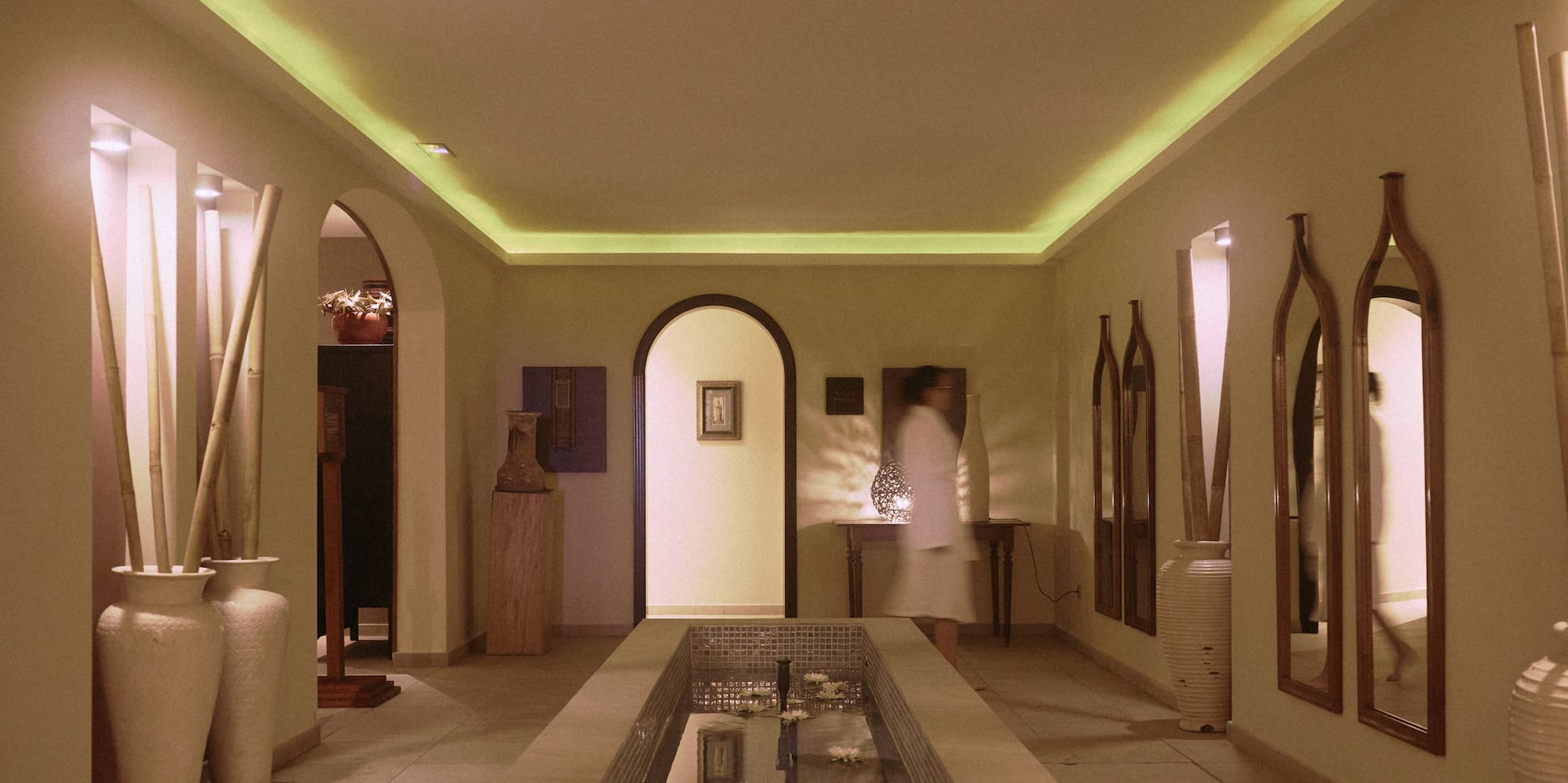 a long rectangular pool with flowers in it