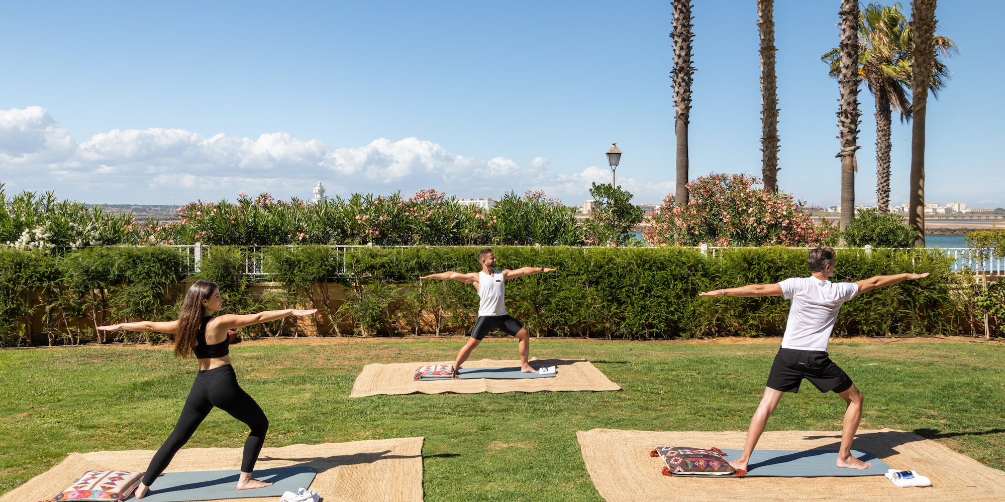 a group of people doing yoga on mats in a park