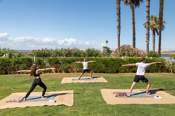 a group of people doing yoga on mats in a park