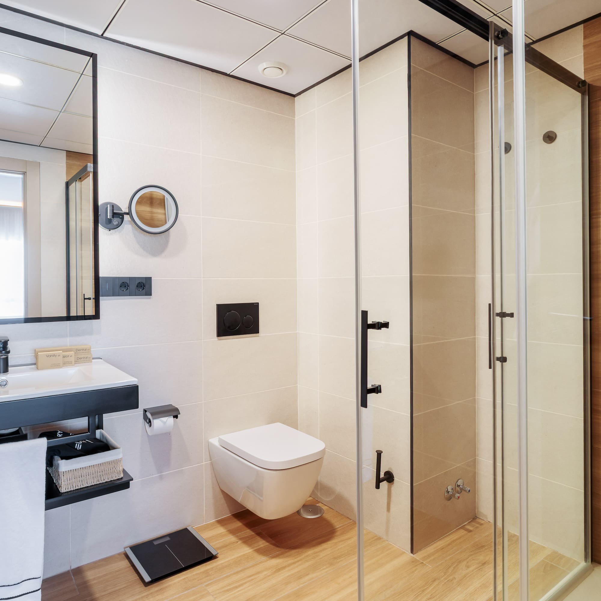 a bathroom with a shower and toilet