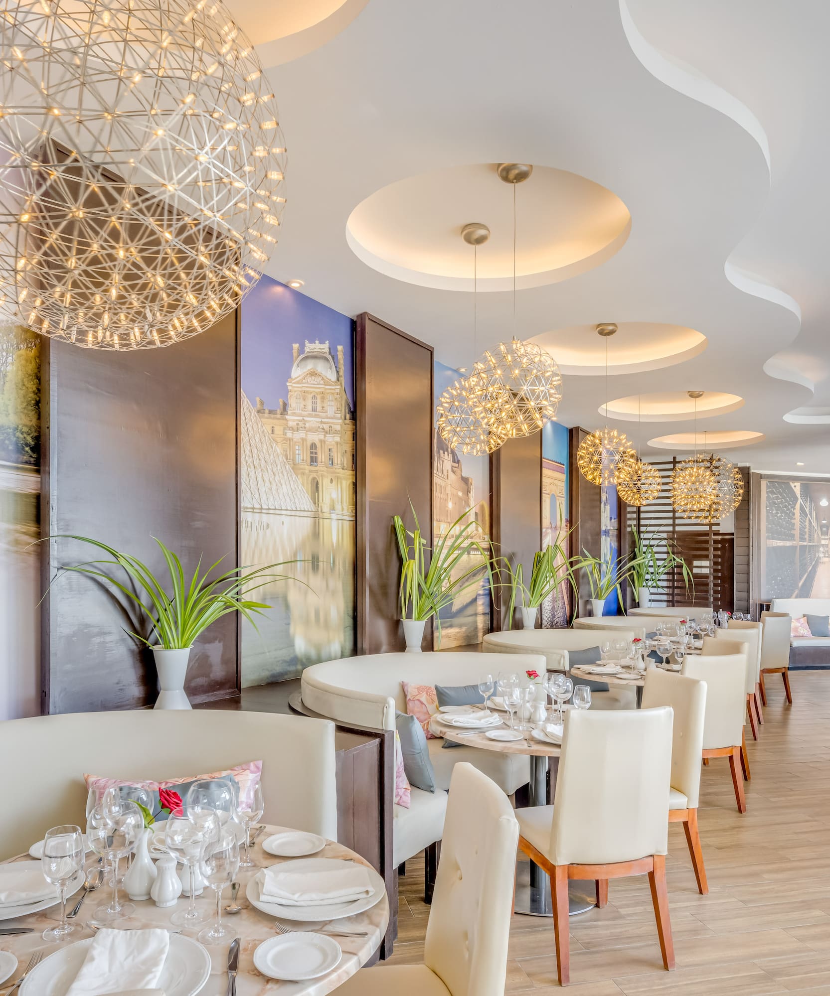 a room with tables and chairs