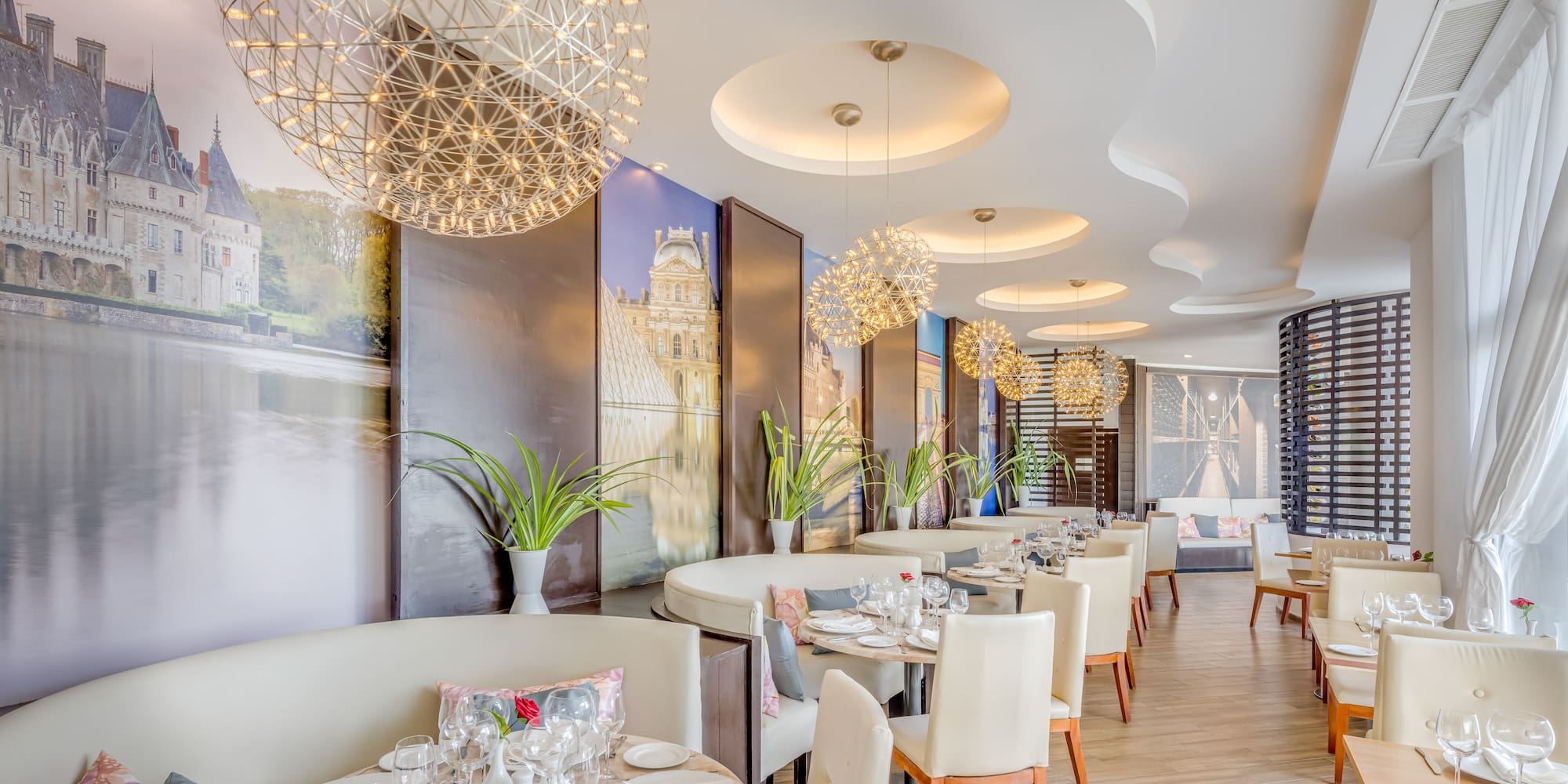 a room with tables and chairs