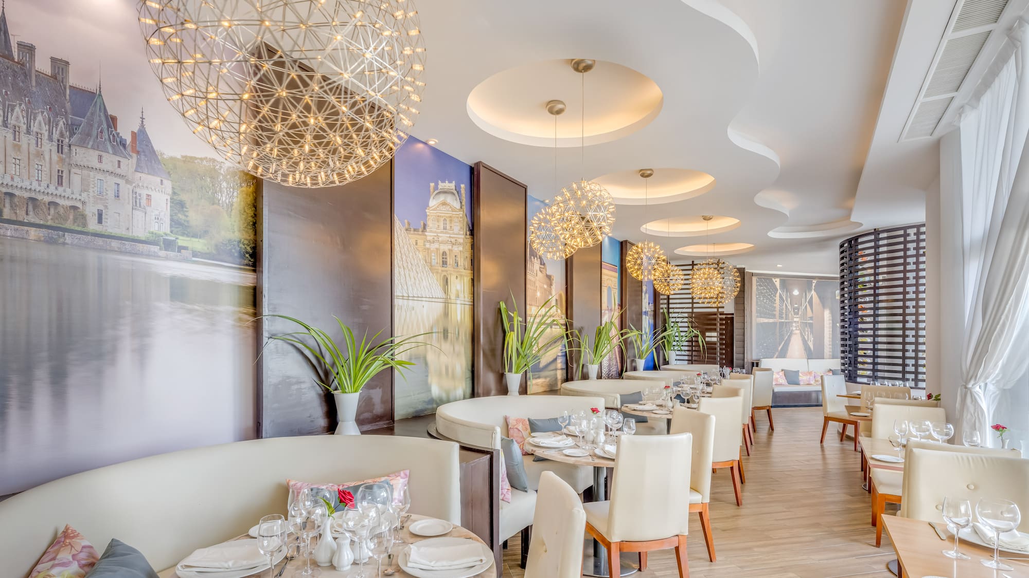 a room with tables and chairs