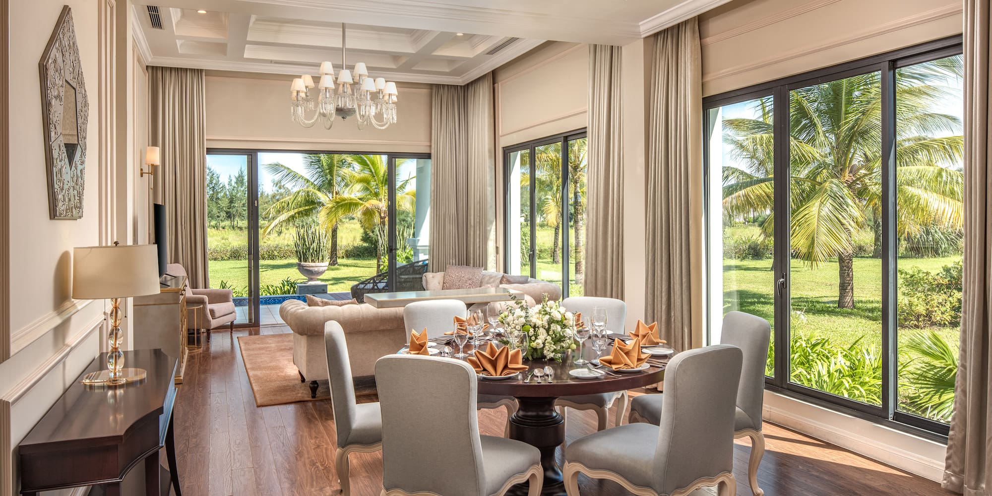 a room with a table and chairs