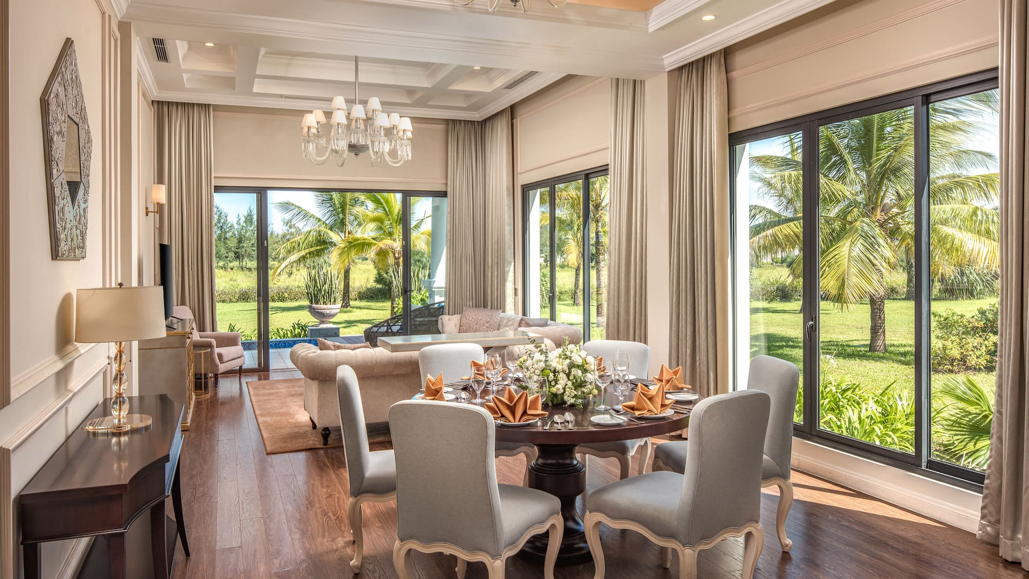 a room with a table and chairs