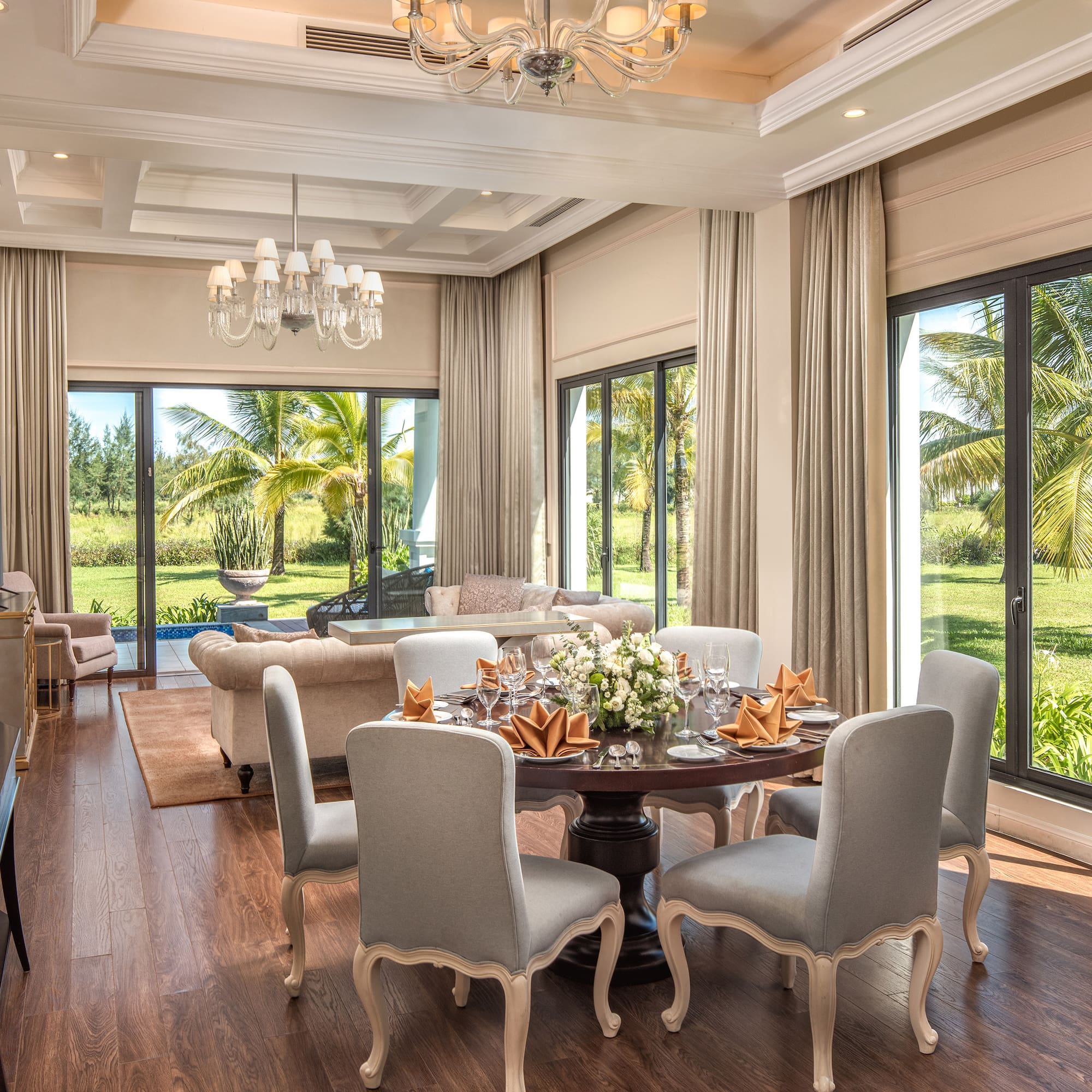 a room with a table and chairs