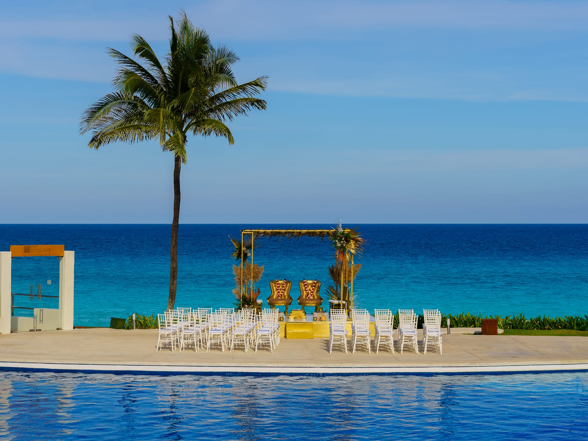 a pool with chairs and a palm tree