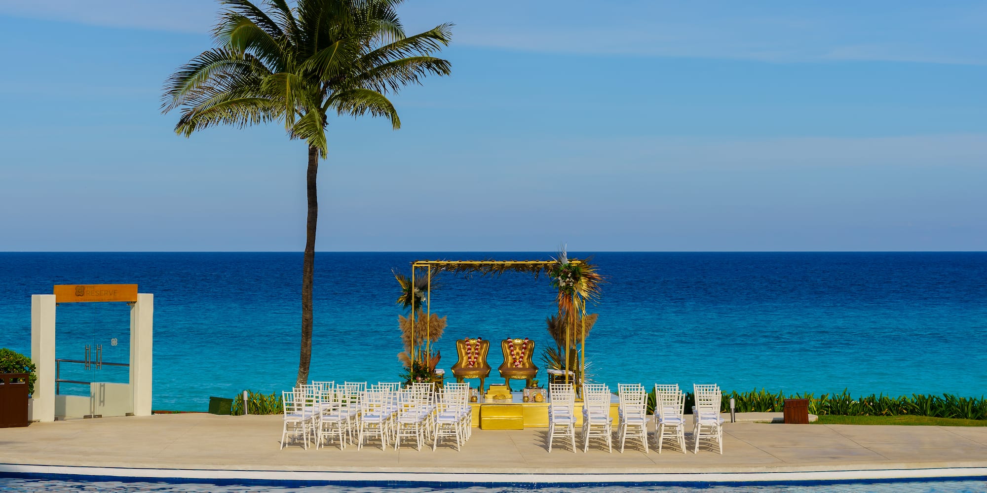 a pool with chairs and a palm tree