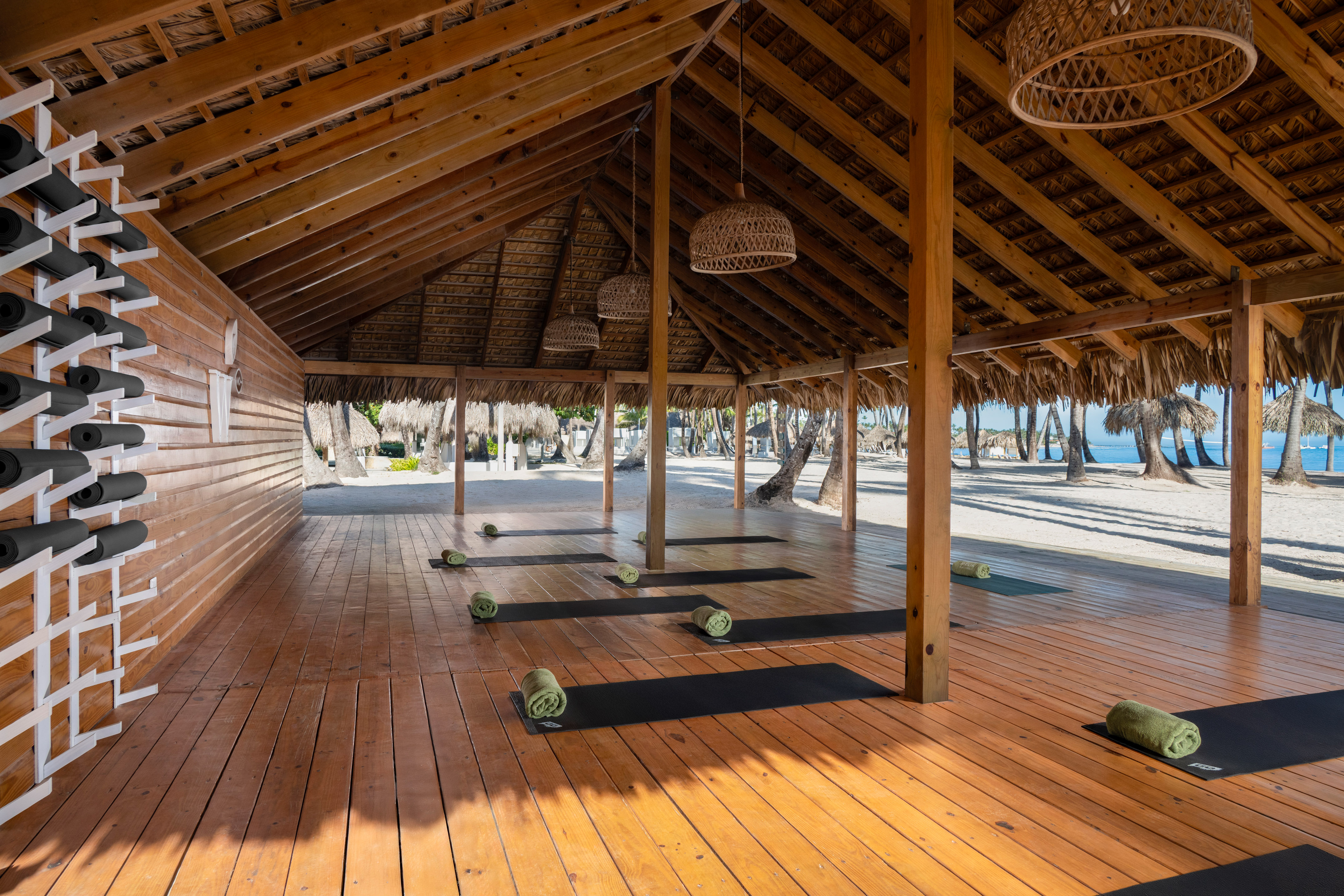 Tropical outdoor yoga studio on a beach with mats, thatched roof, and ocean view.