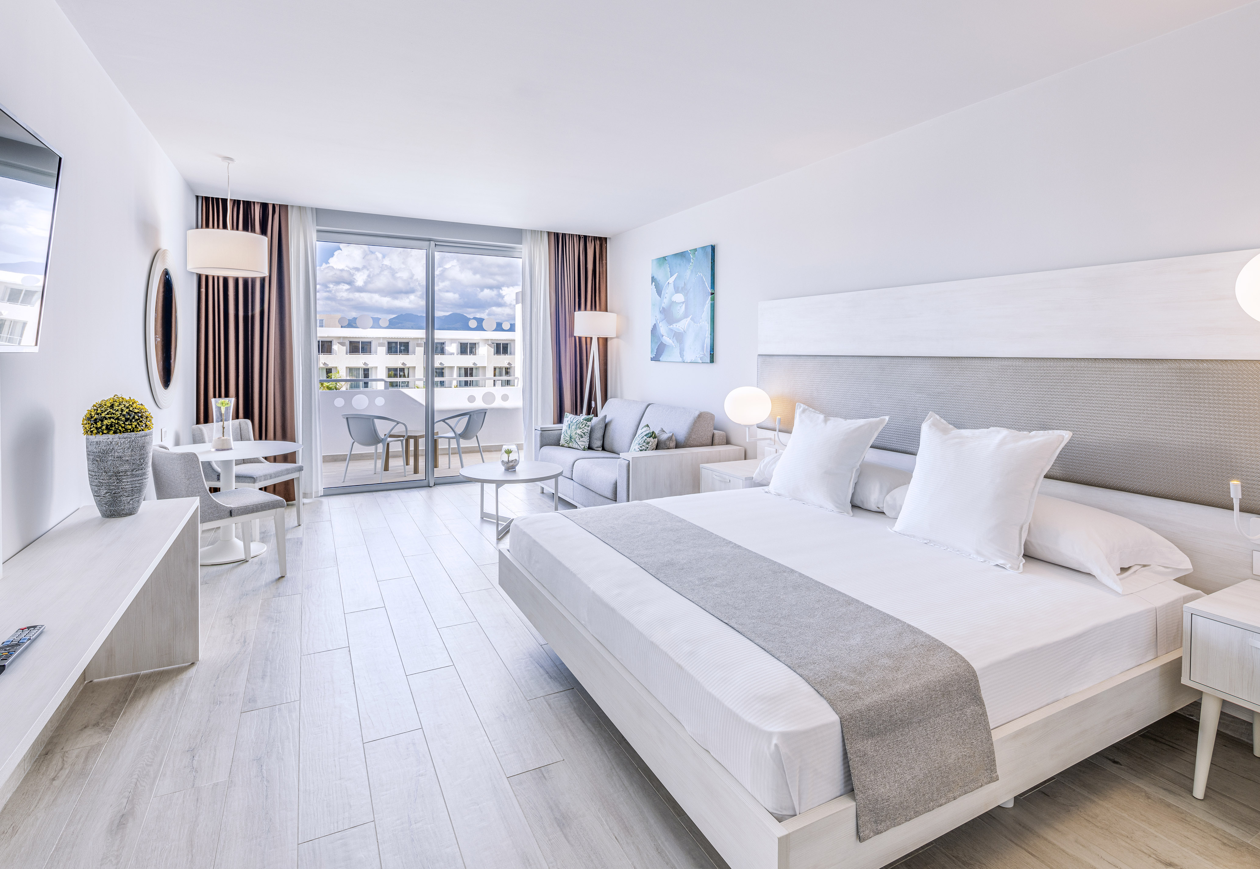 a bedroom with a bed and a couch