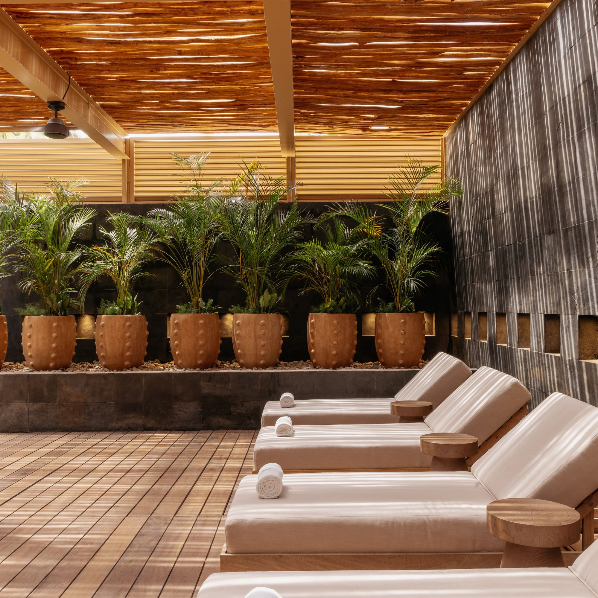 Modern shaded outdoor lounge with wooden deck, potted palms, and chaises.