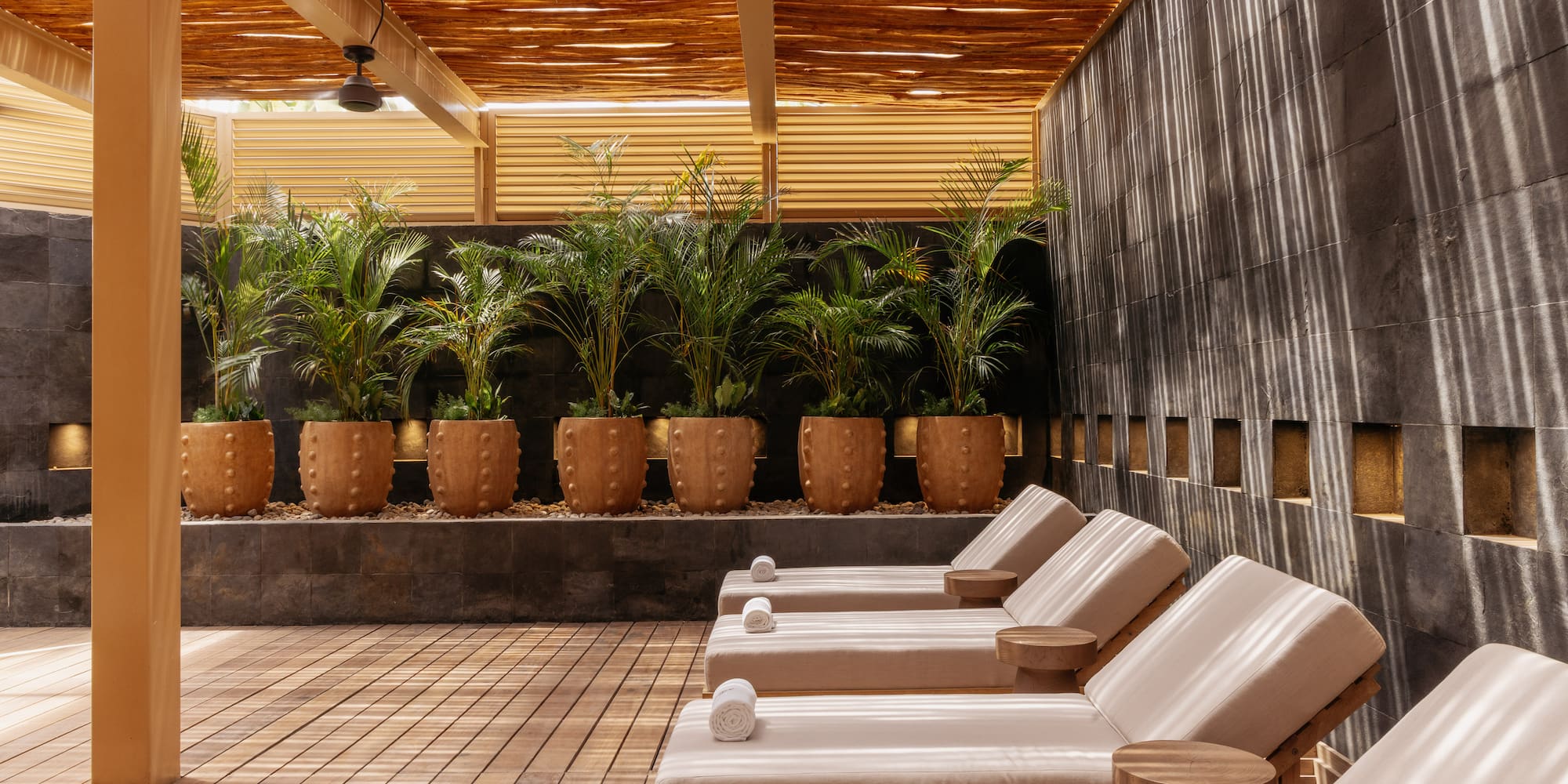 Modern shaded outdoor lounge with wooden deck, potted palms, and chaises.