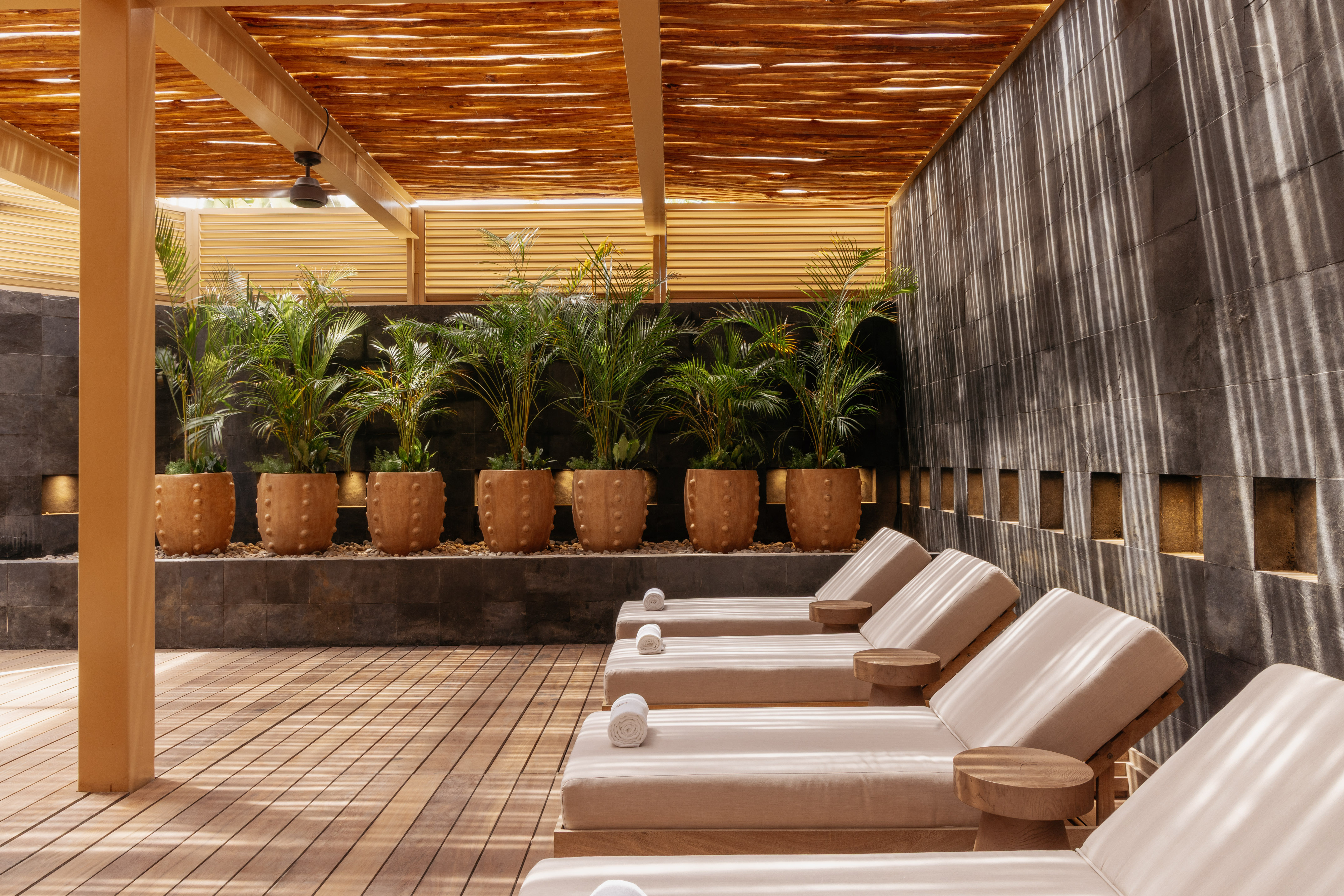 Modern shaded outdoor lounge with wooden deck, potted palms, and chaises.