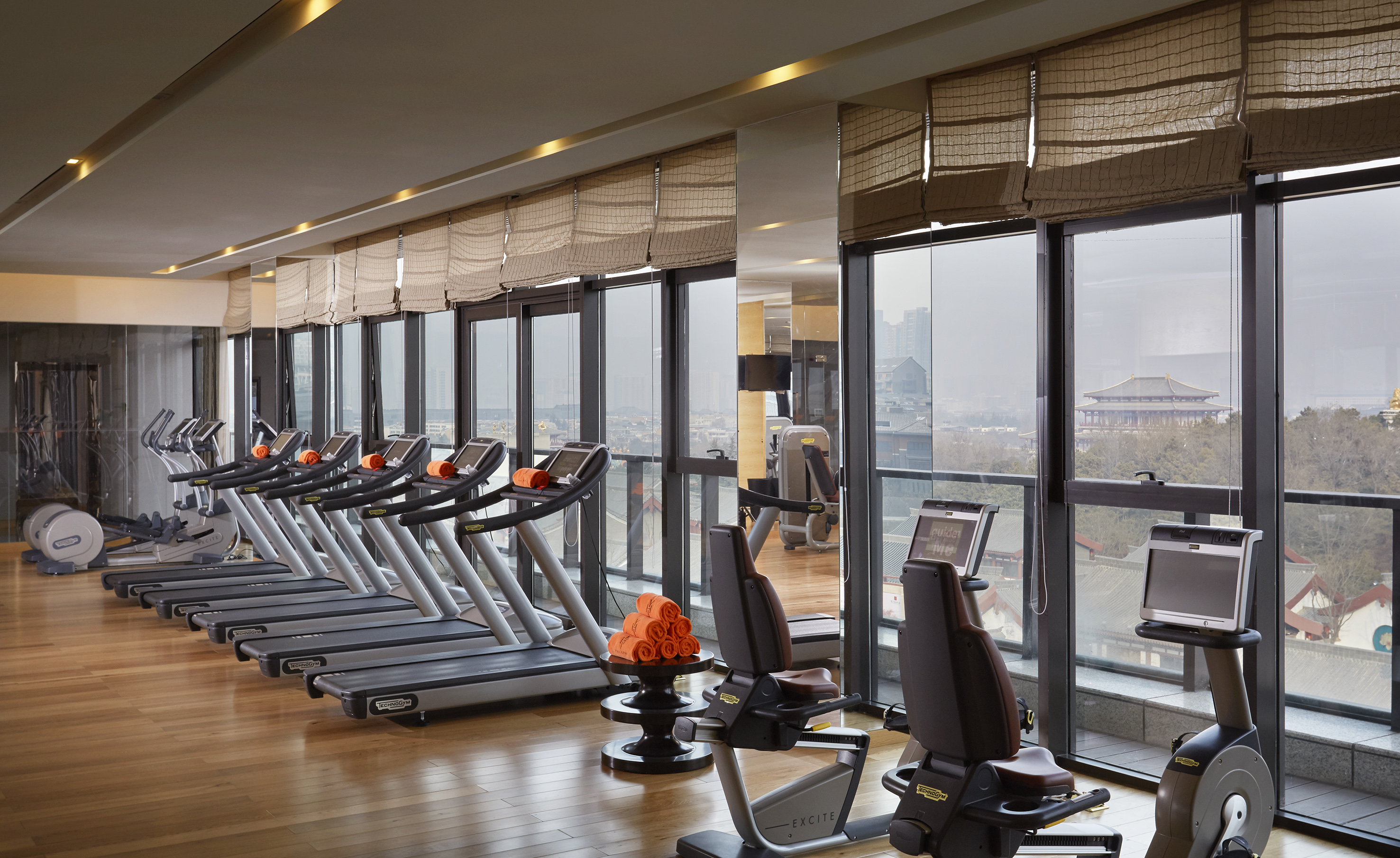 Modern hotel gym with treadmills, exercise bikes, city and temple view.