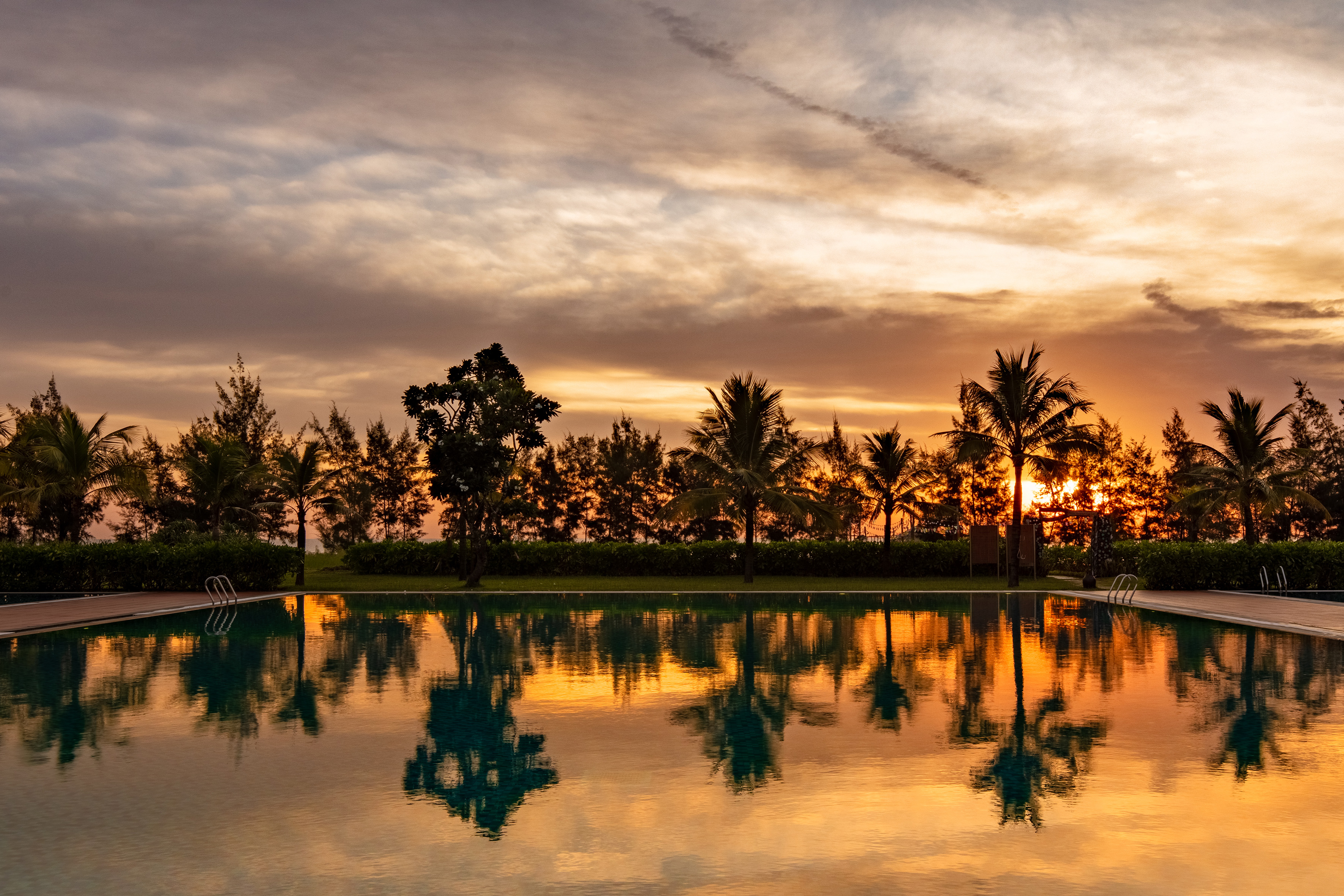 a pool with trees and a sunset