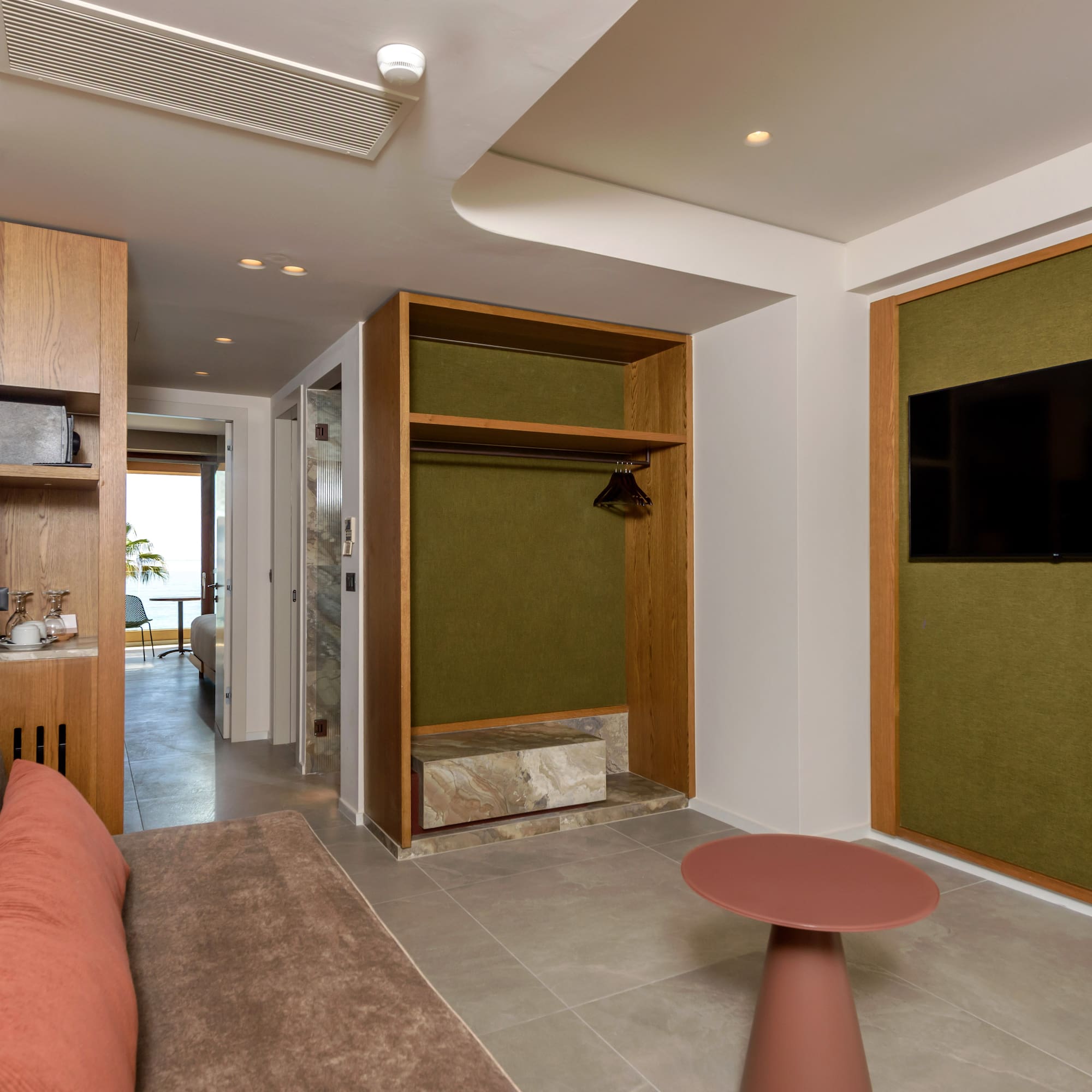 a room with a couch and a table.