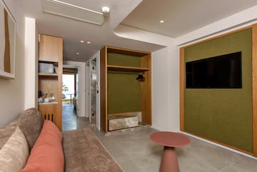 a room with a couch and a table.