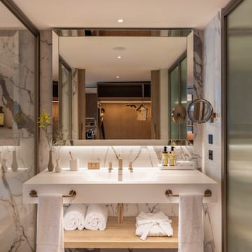 a bathroom with a large mirror and a sink