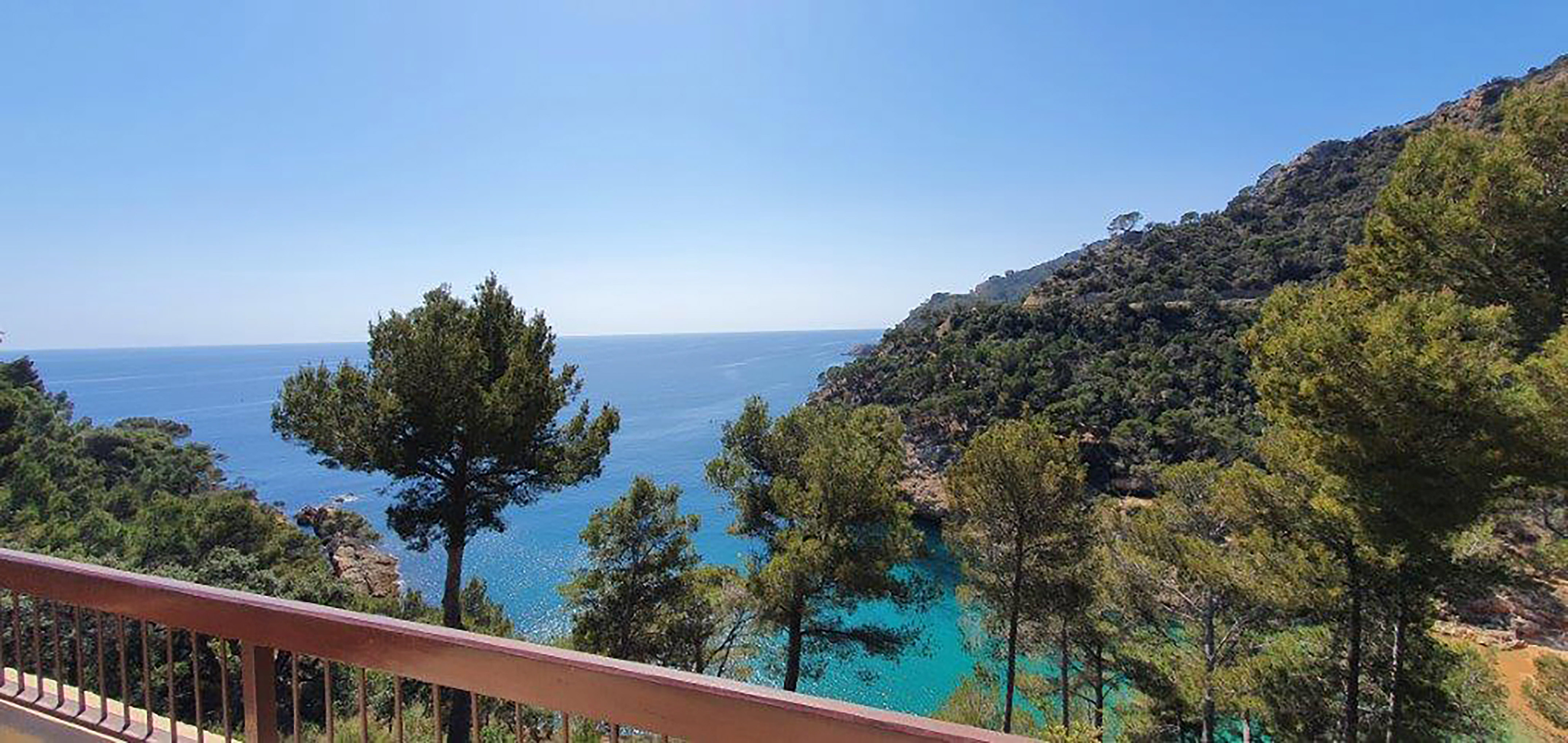 Balcony view of a turquoise bay, pine trees, and wooded Mediterranean coast.