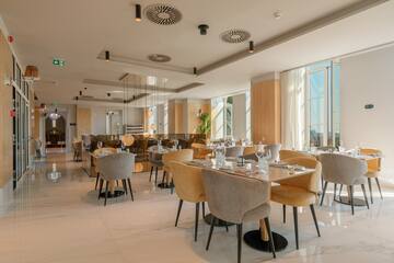 a room with tables and chairs