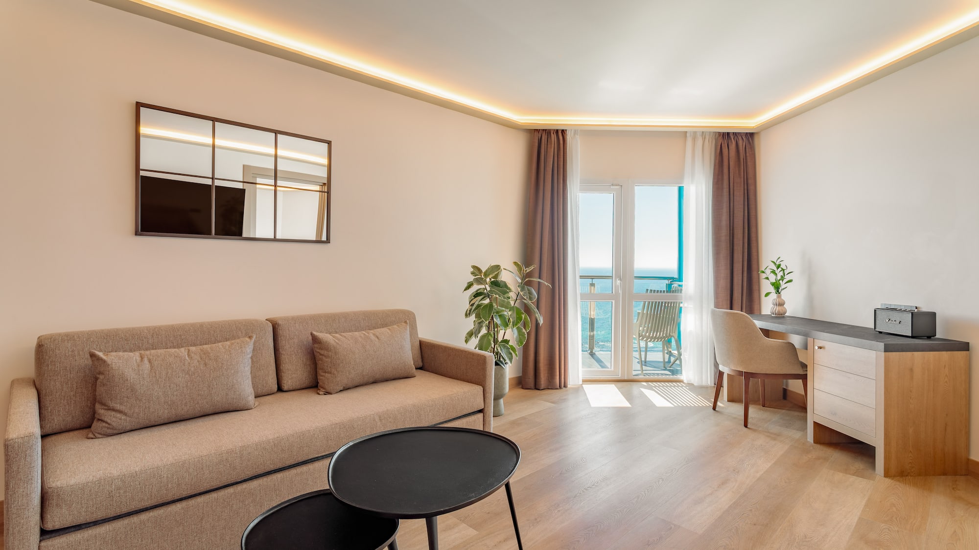 a living room with a couch and a table