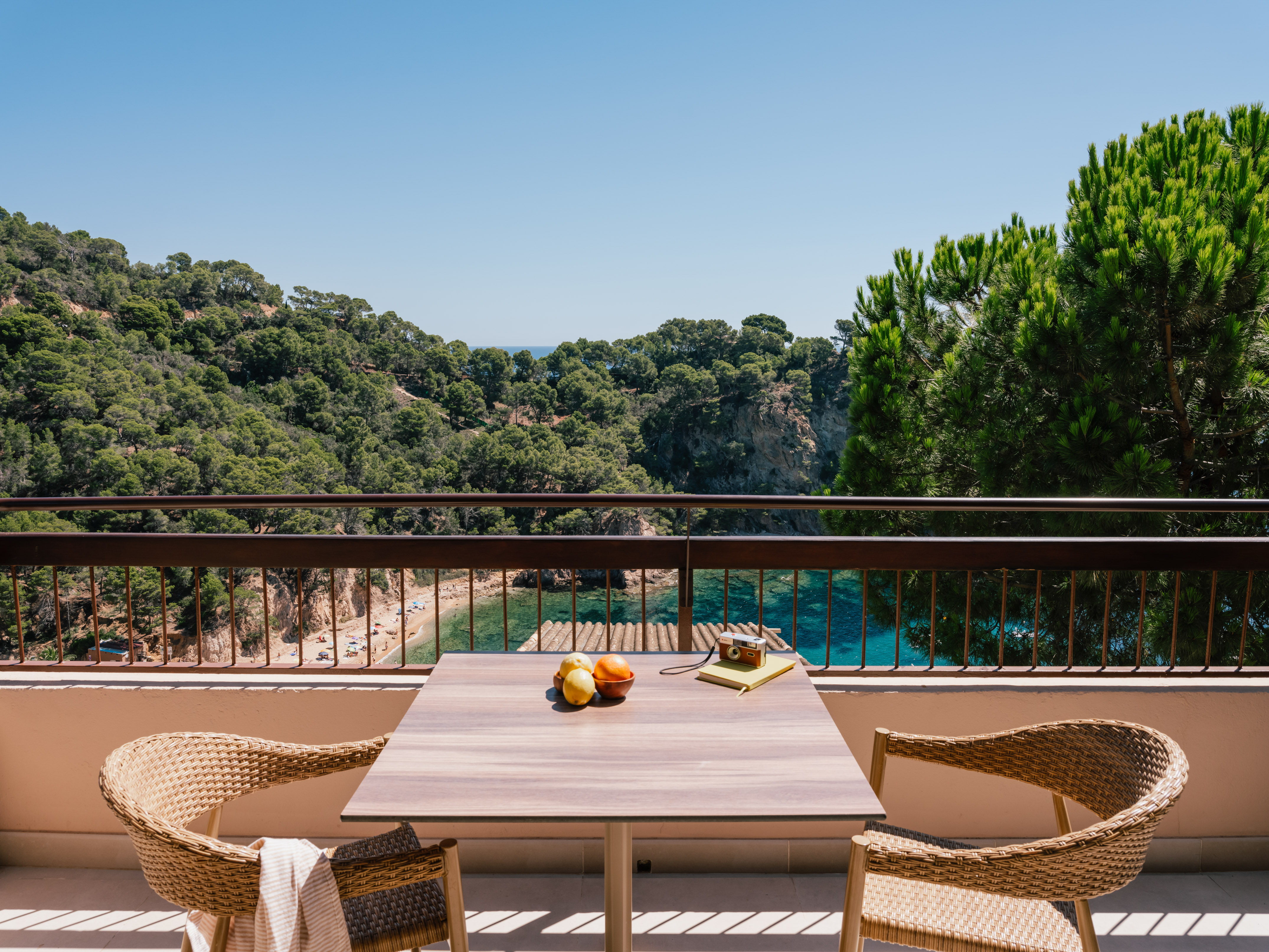 Balcony with fruit, camera, overlooking green coastal cliffs and blue sea.