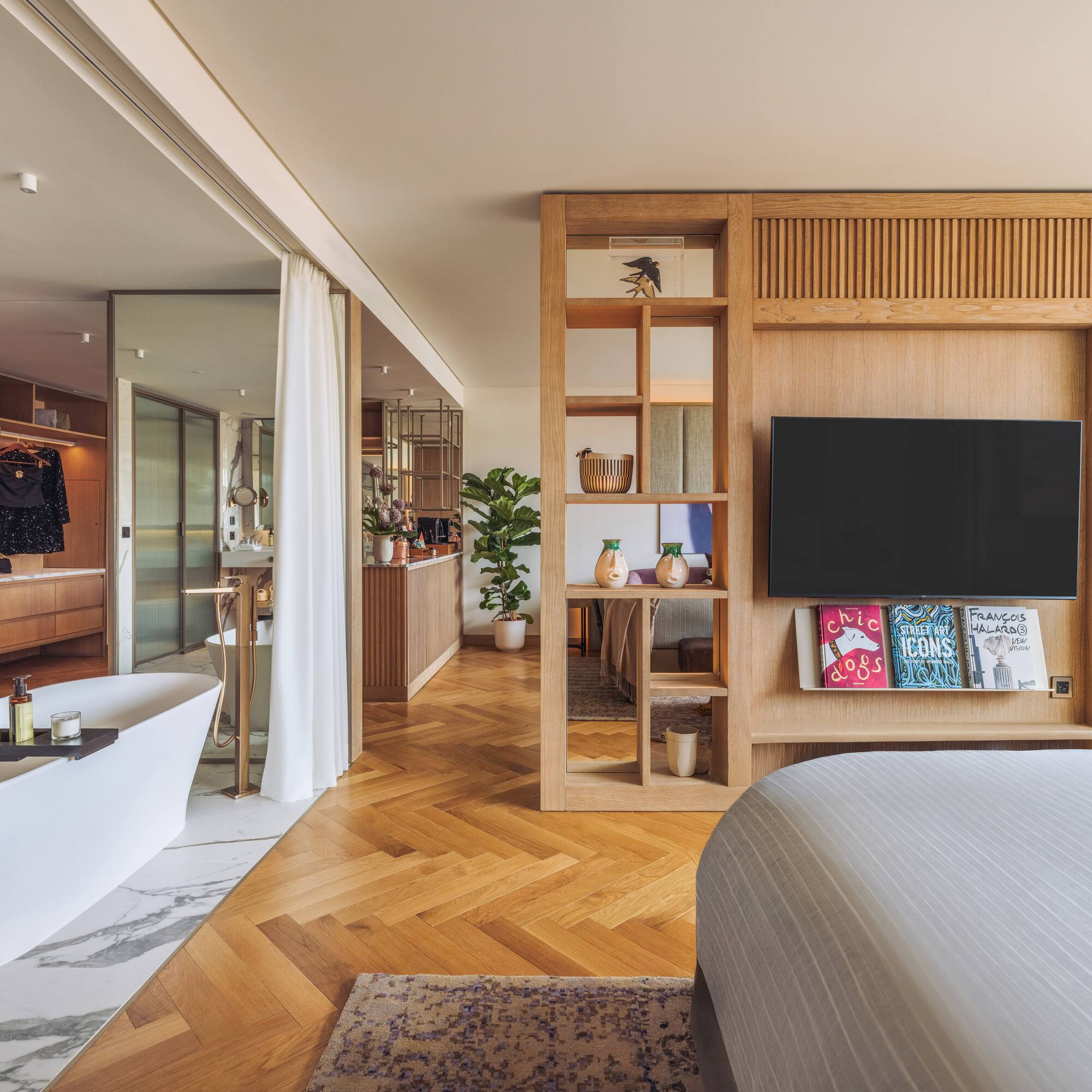 a bedroom with a tv and a bathtub