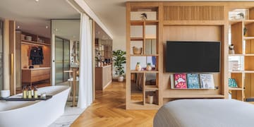 a bedroom with a tv and a bathtub