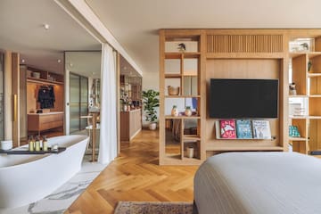 a bedroom with a tv and a bathtub