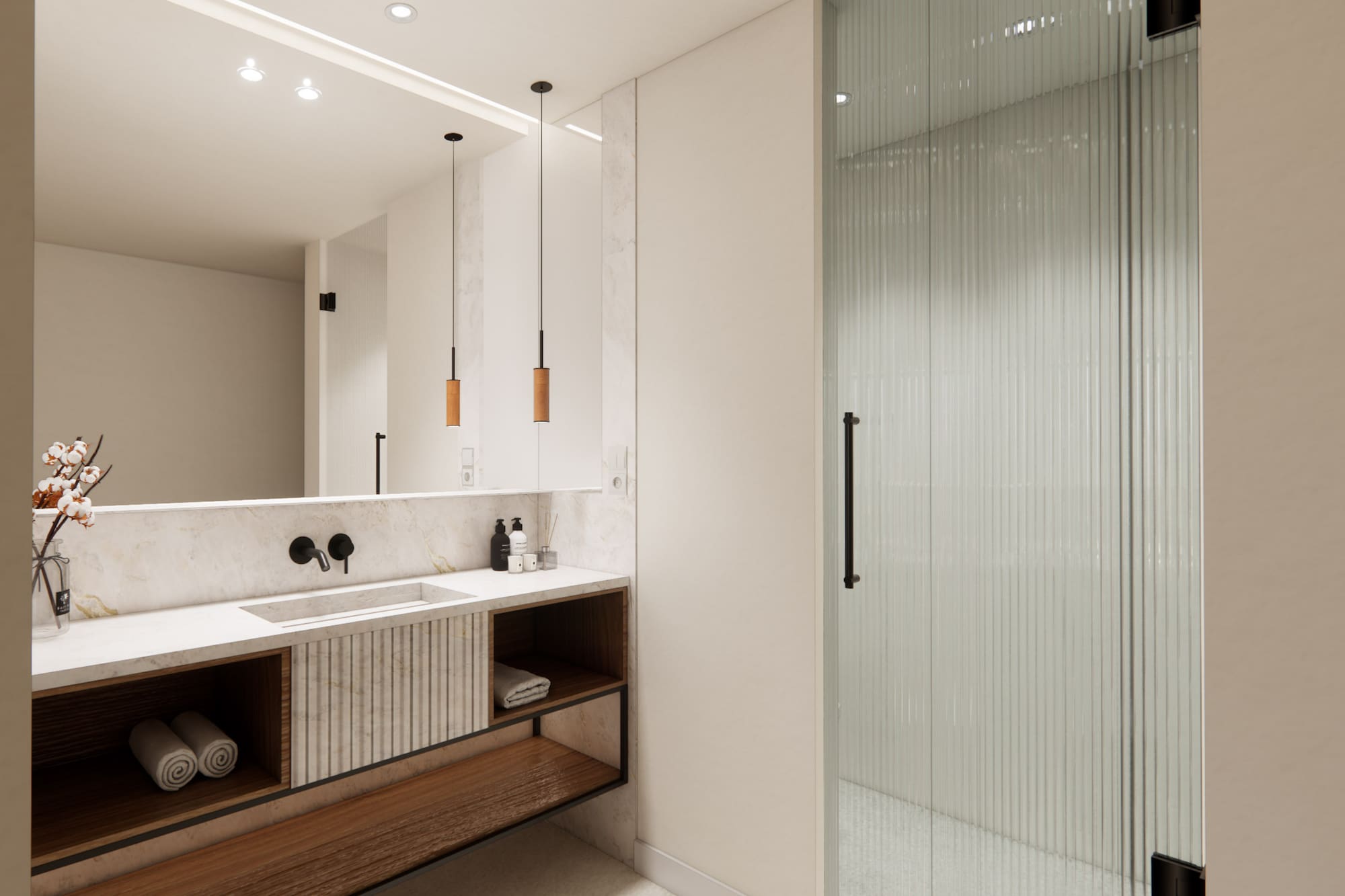 Baño moderno minimalista con lavabo de mármol y ducha de cristal acanalado. - Superior Room - Hotel Golf Santa Ponsa Meliá Collection, Mallorca