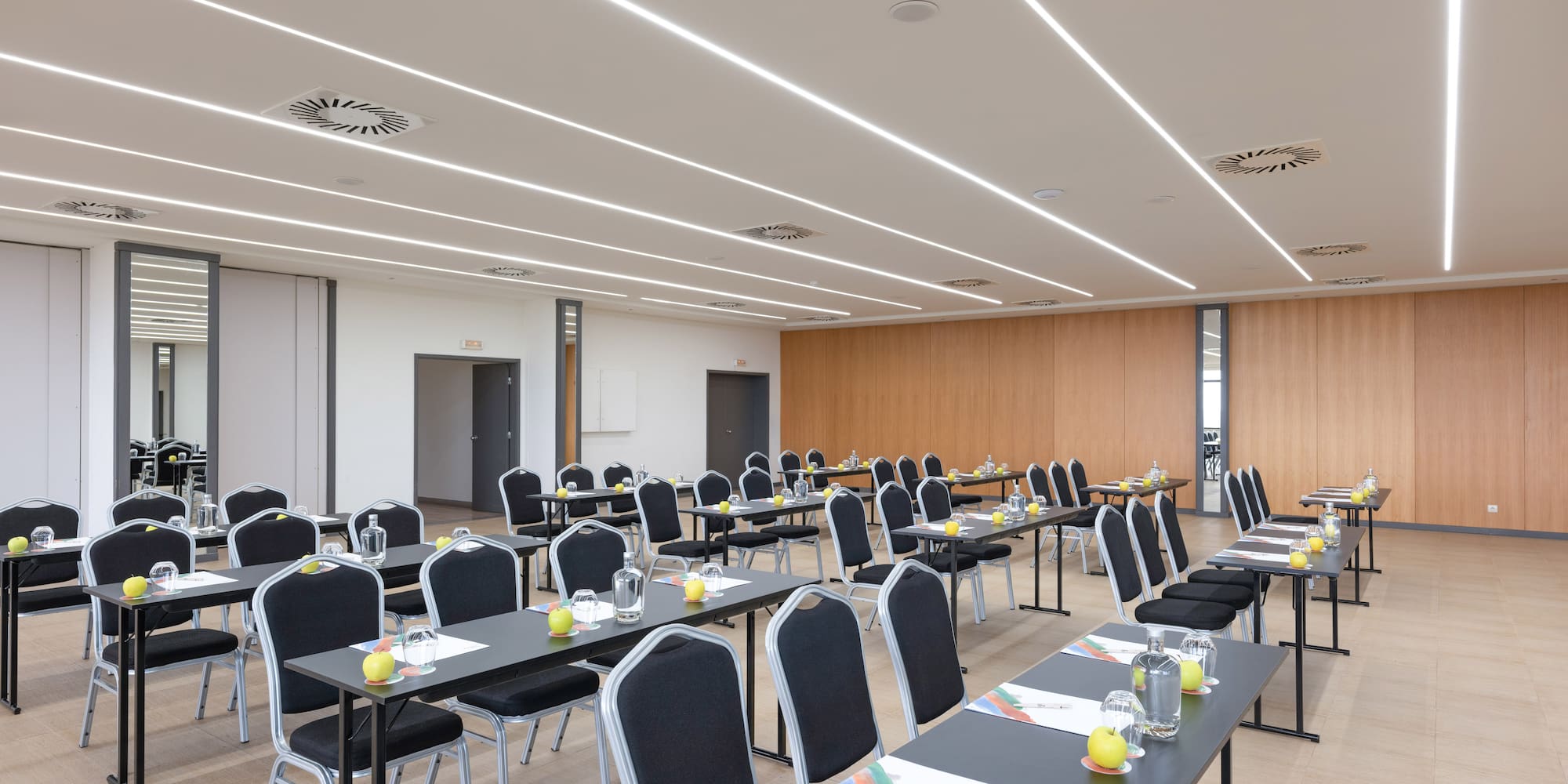 a room with tables and chairs