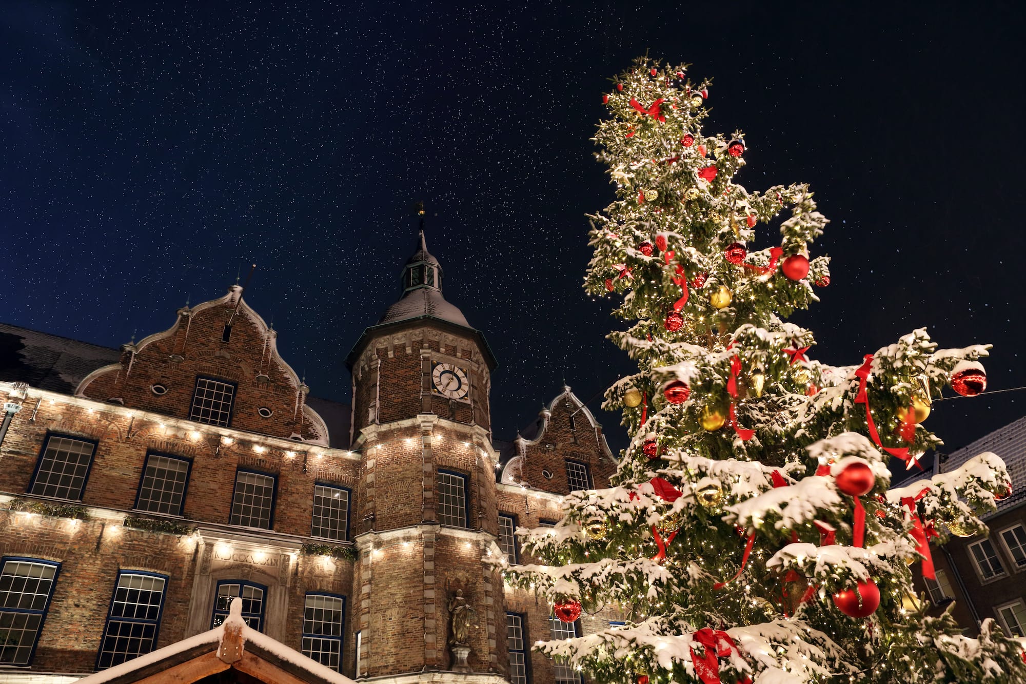 a tree with lights and ornaments in front of a building