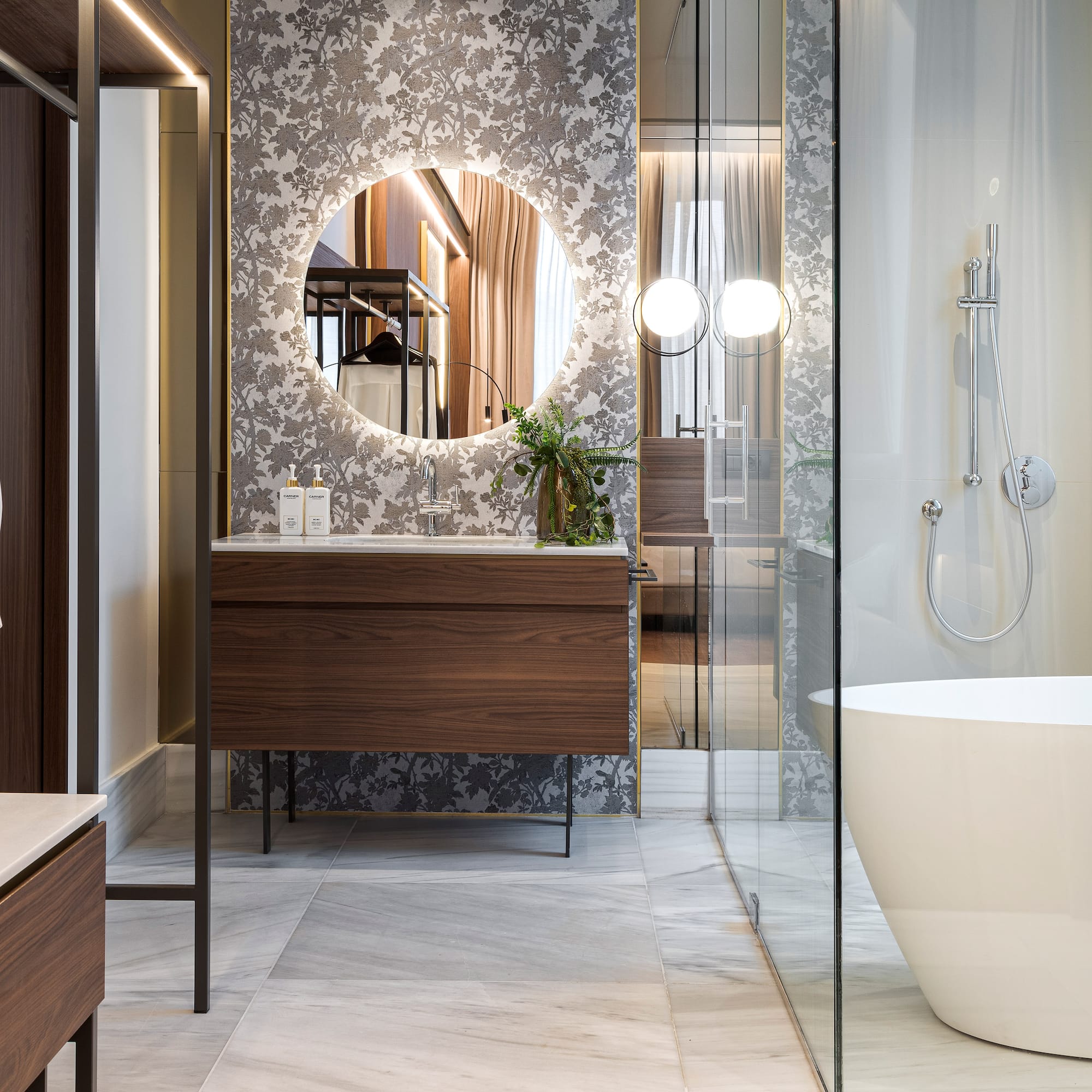 a bathroom with a tub and a shower