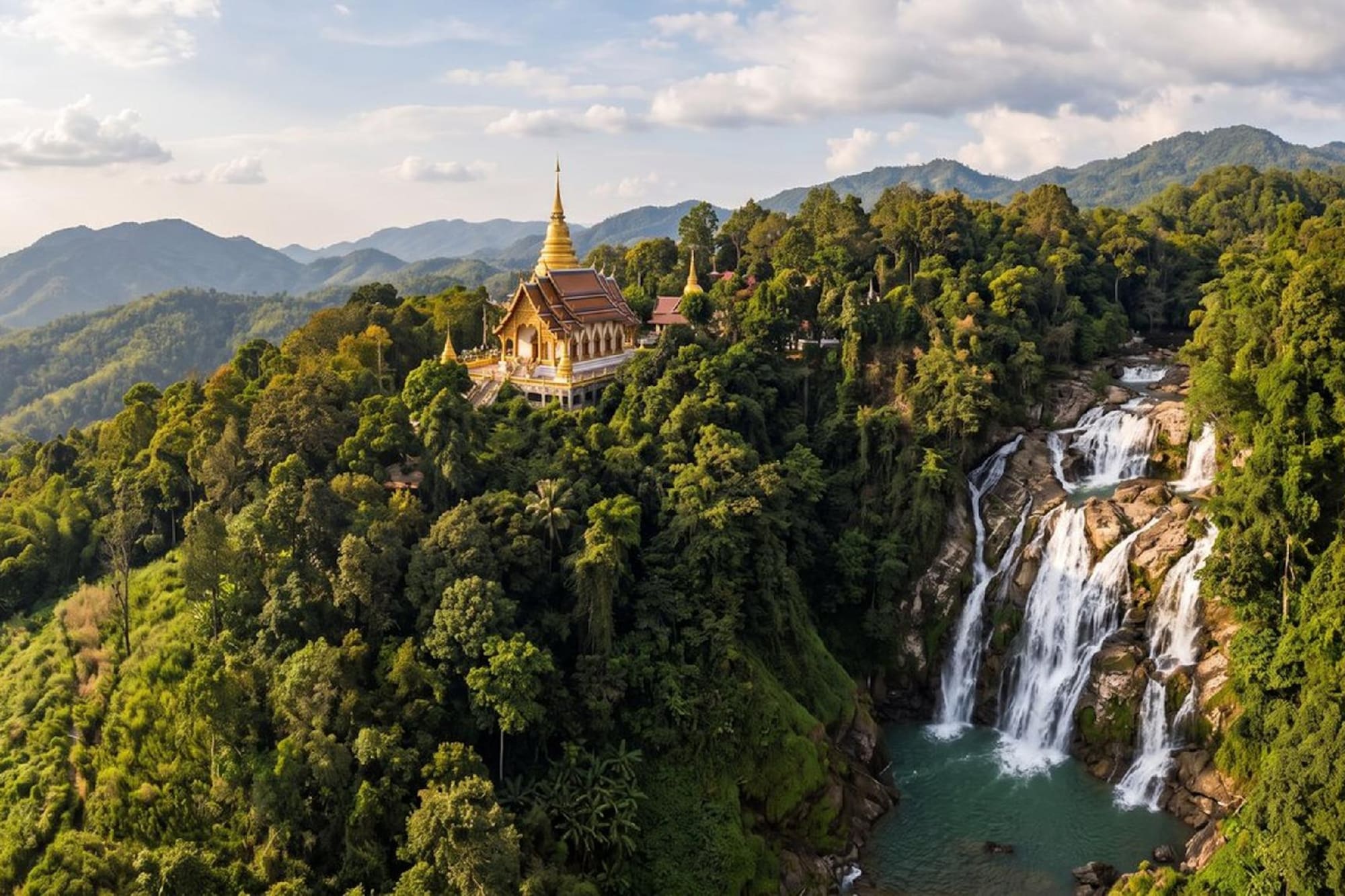 Golden Thai temple on a lush mountain with cascading waterfall.