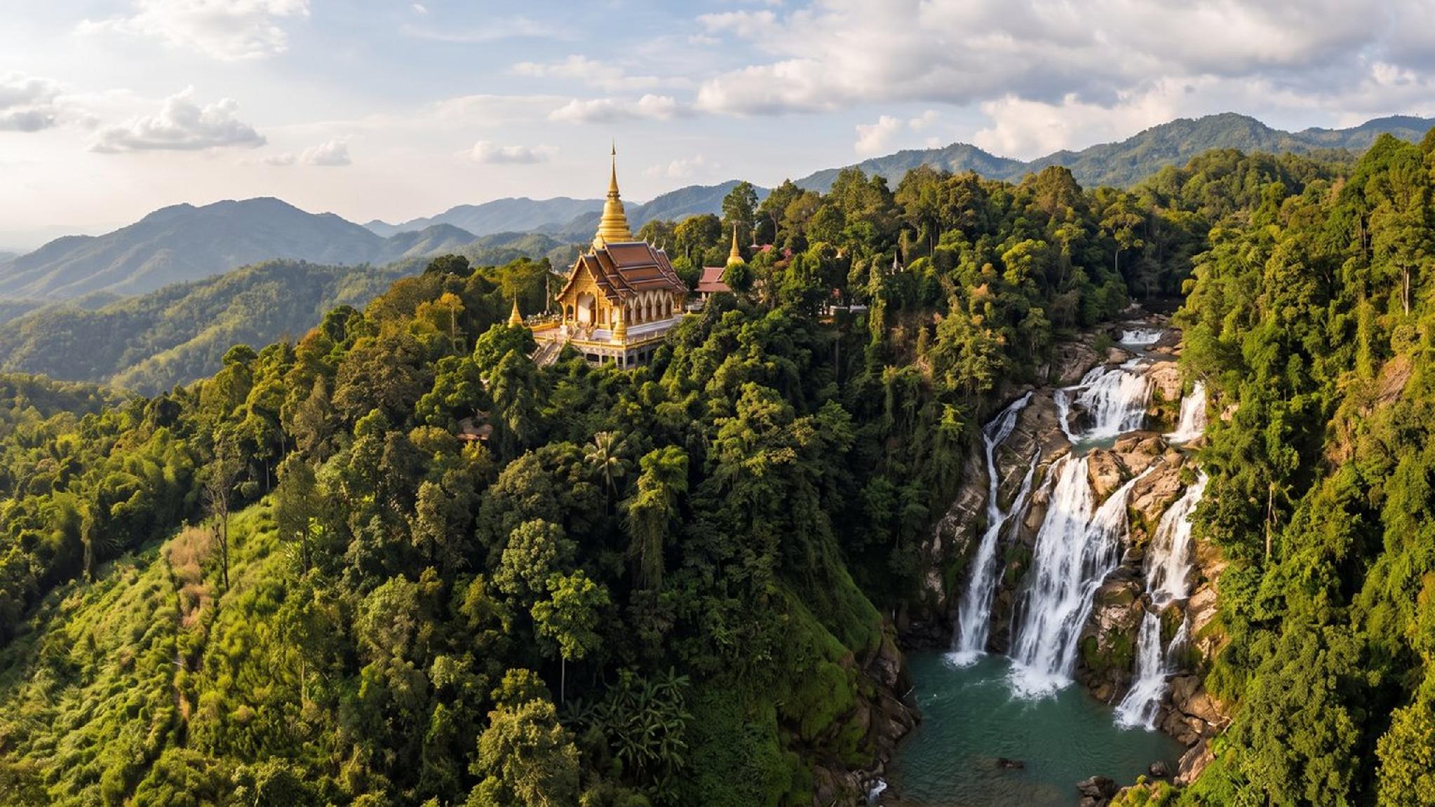 Golden Thai temple on a lush mountain with cascading waterfall.