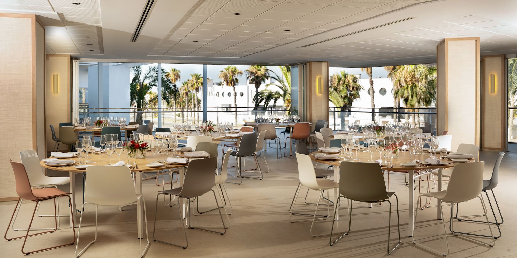 a room with tables and chairs