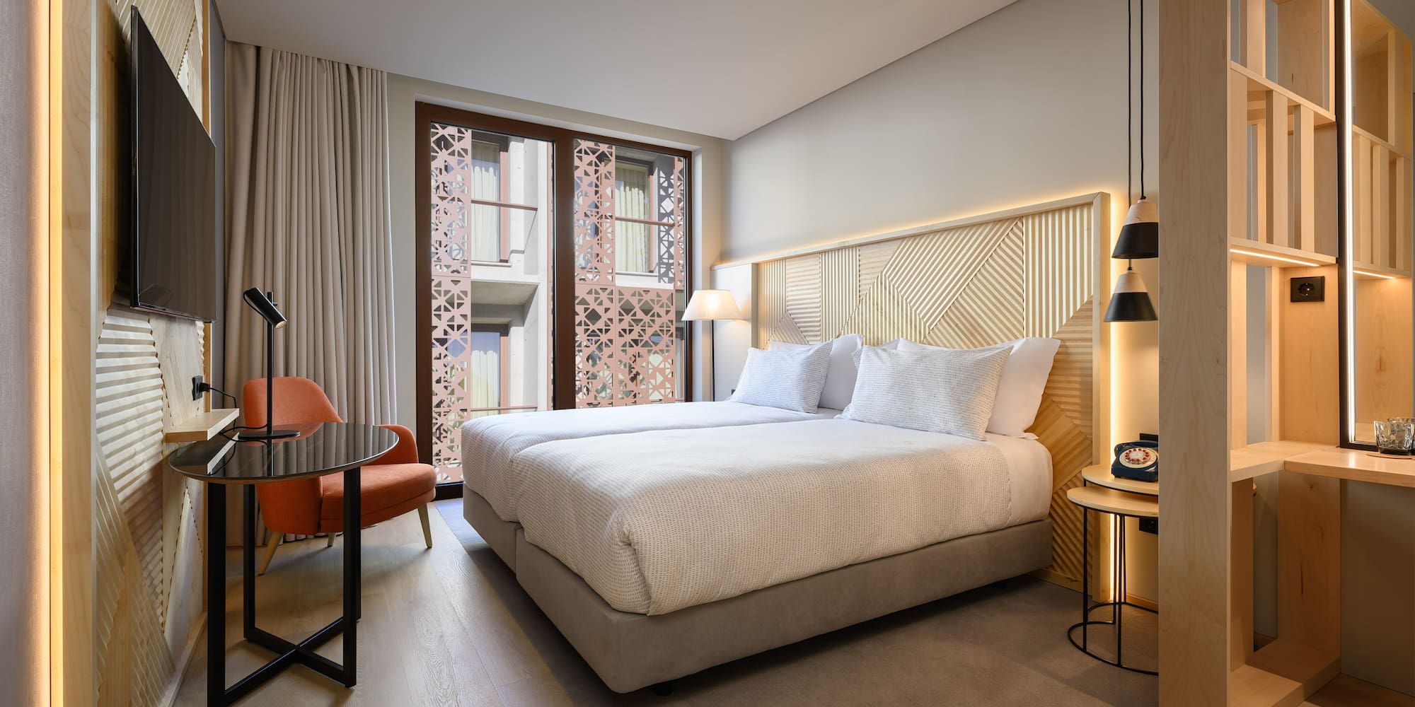 a room with a bed and a table