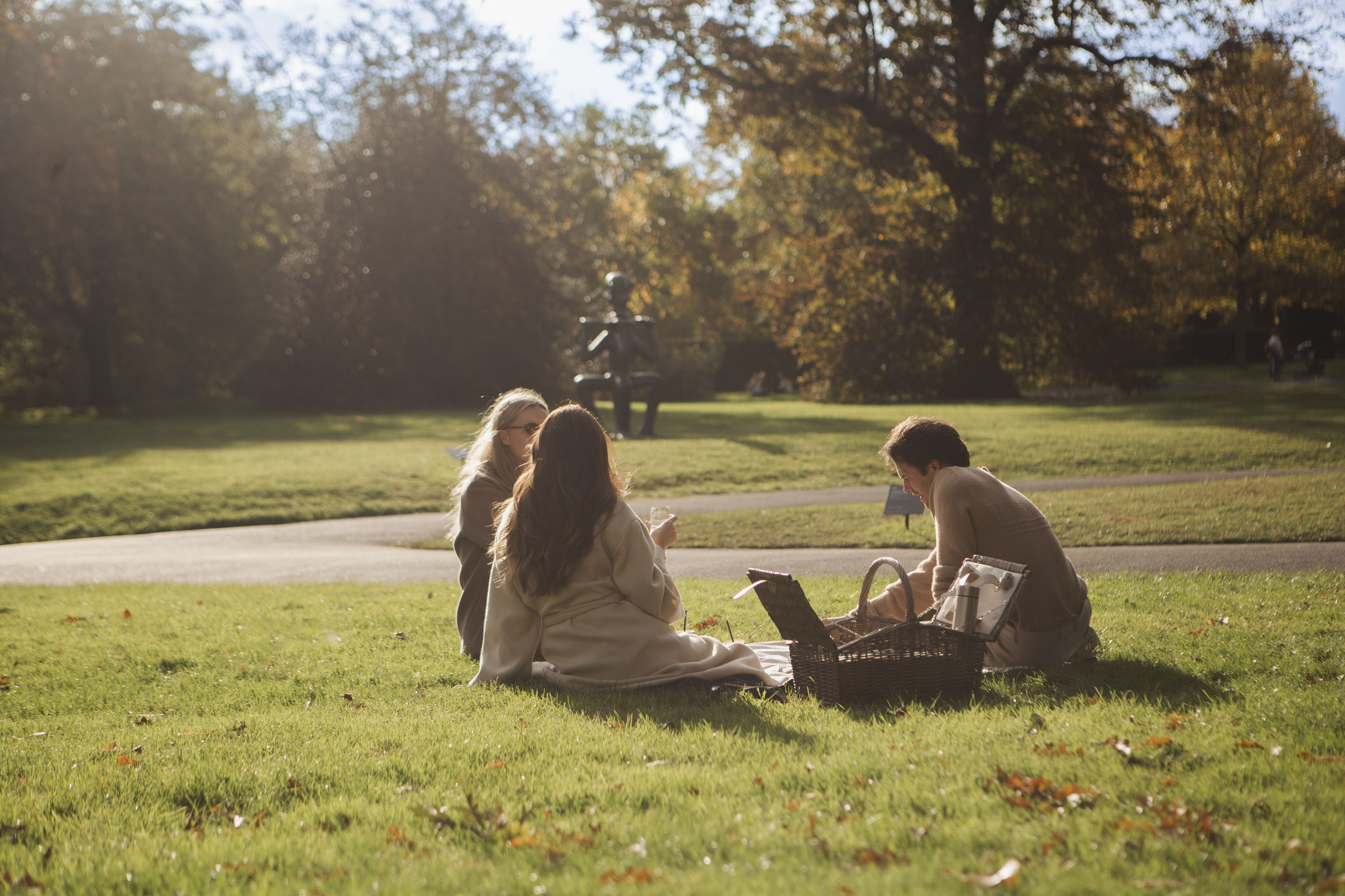 Three women enjoying a park picnic on green grass in autumn sun.