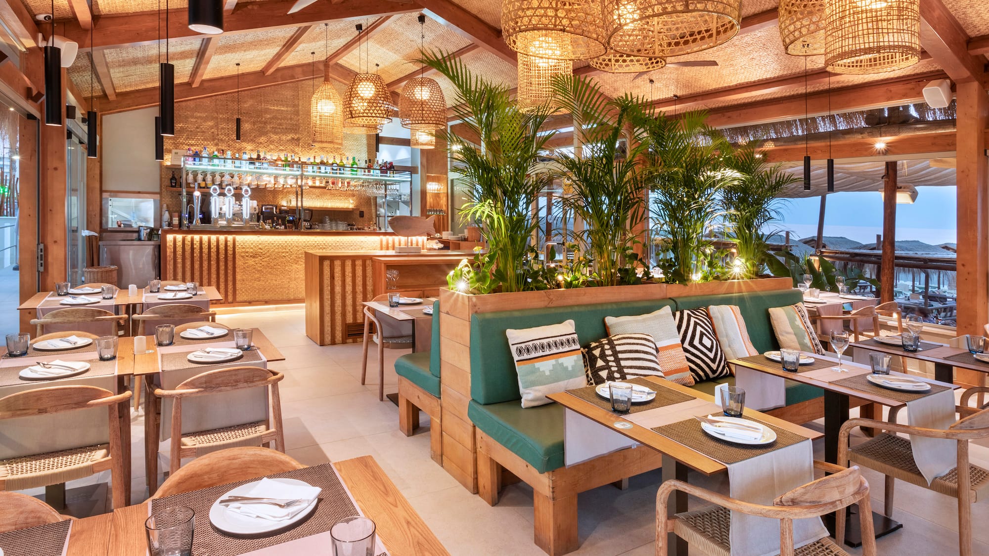 a restaurant with tables and chairs