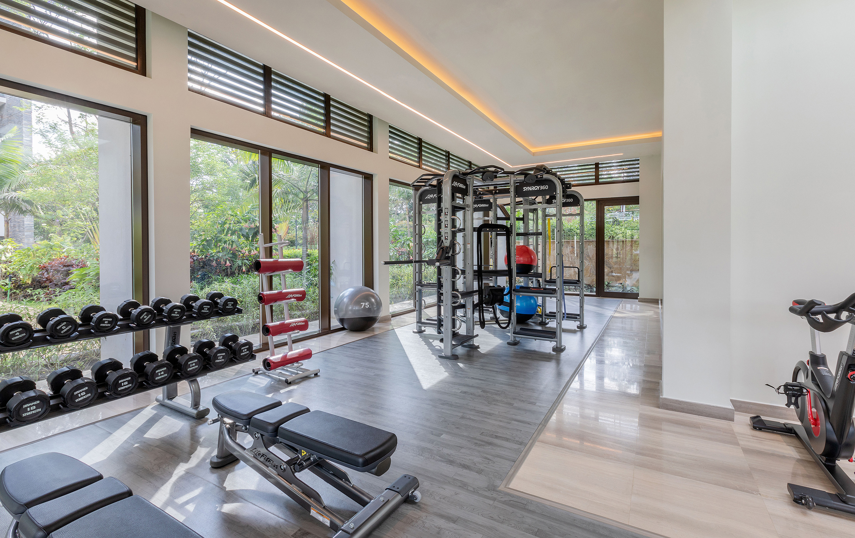 Modern gym with dumbbells, SYNRGY360, exercise bike, and garden view.