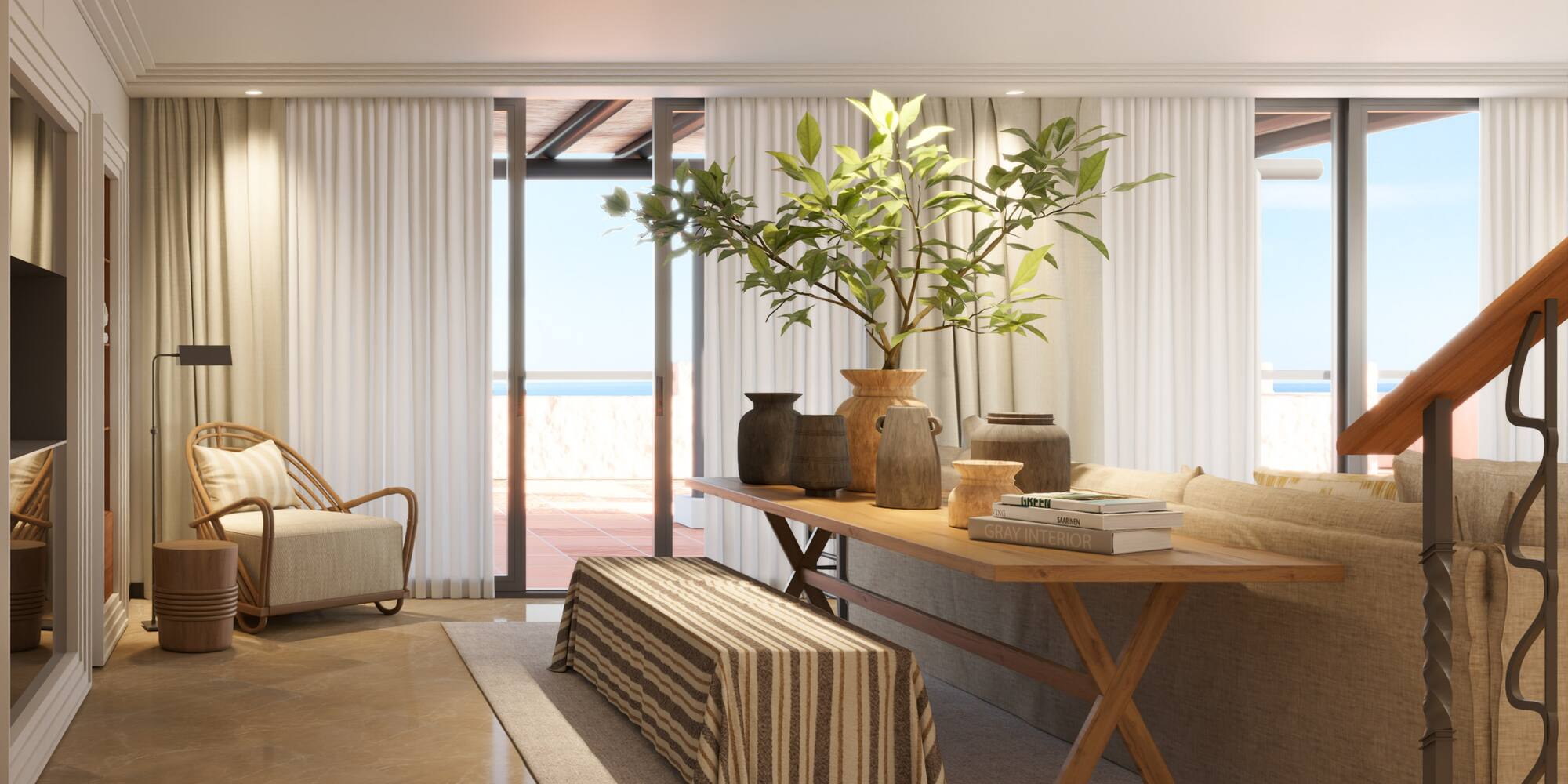 a living room with a couch and a table